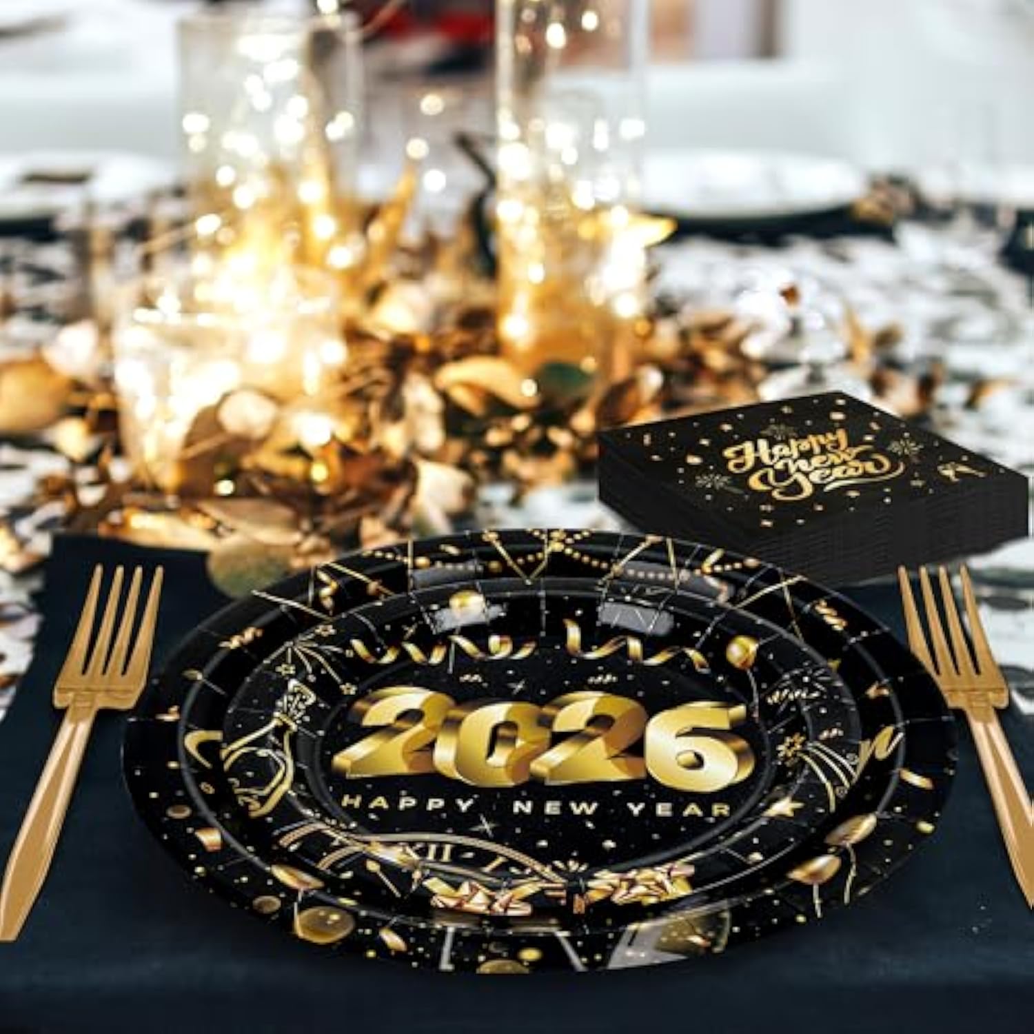 200 Pcs Nye Plates And Napkins Set, Disposable New Years Eve Party Supplies 2026, Black Gold 9" And 7" Plates Napkins Forks, Happy New Year Plates For Nye Decorations Gathering Celebration Serves 50