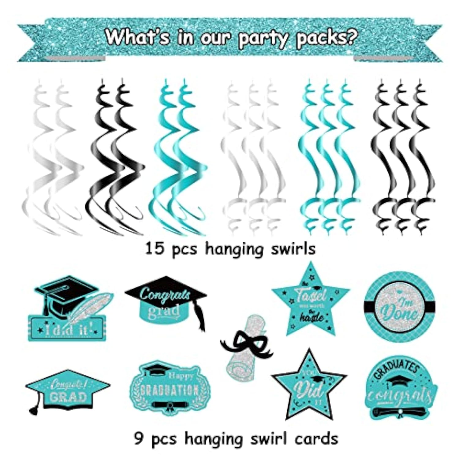 Teal Turquoise Graduation Party Decorations 2026/Turquoise Teal Black Graduation Decorations 2026 Teal Silver Black Hanging Swirls 15Pcs Class Of 2026
