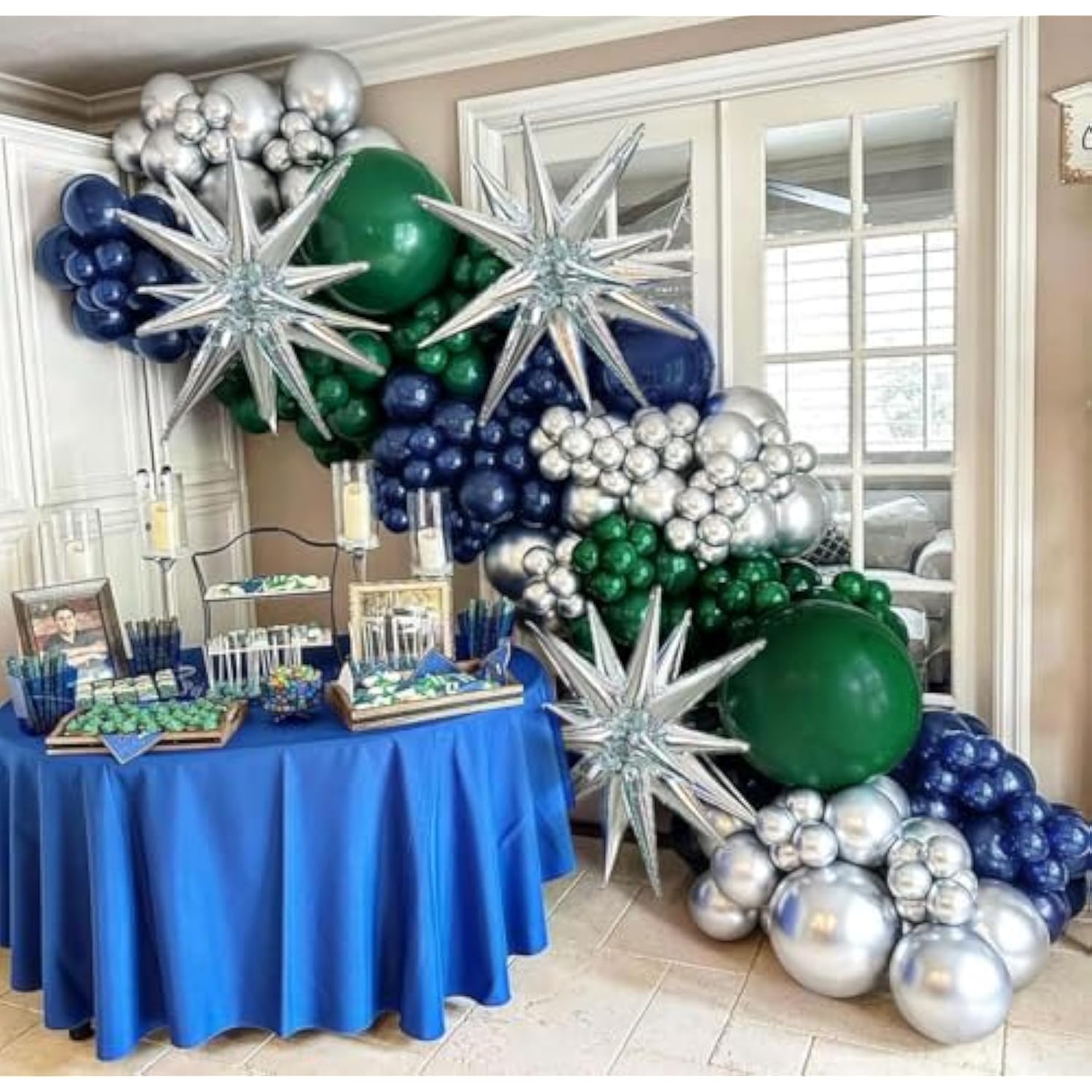 Navy Blue Green Silver Balloon Garland Double Stuffed Dark Green Silver Forest Navy Balloon Metallic Arch Kit For Birthday Football Game Dinosaur Graduation Party Decoration