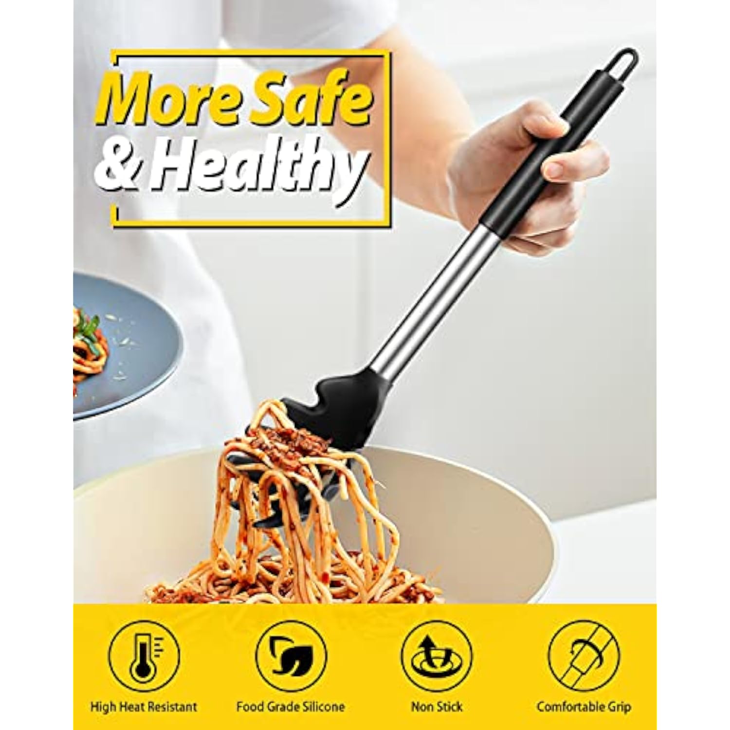 Silicone Pasta Fork And Ladle Spoon Set, Large Non Stick Kitchen Utensils For Cooking,Stirring,Serving Spaghetti, Soup, Sauce (Black)