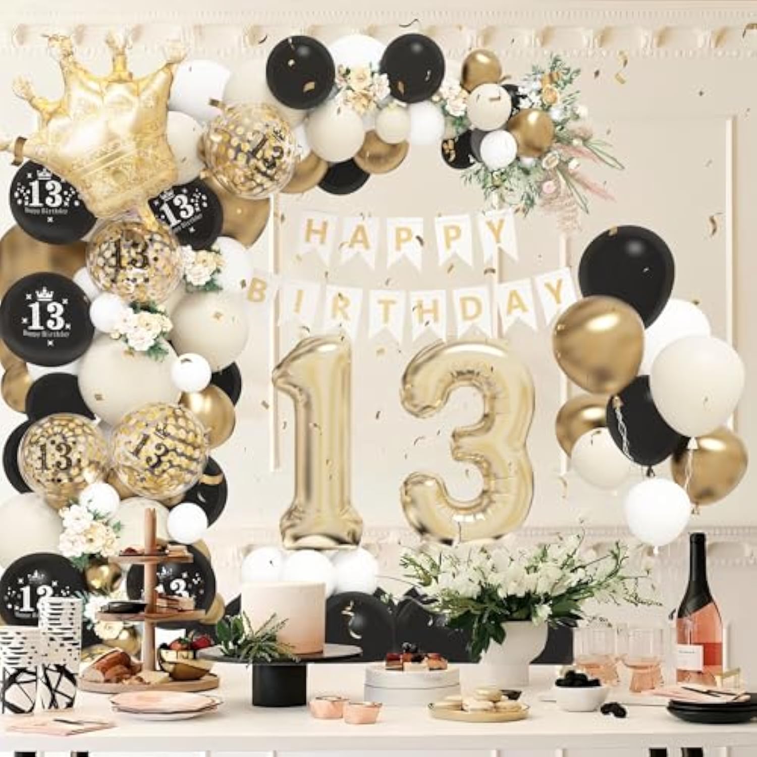 13Th Birthday Balloons Garland Arch Kit,13Th Party Decorations Black Gold Sand White For Boys Girls,With Number 13 Foil Balloons,Happy Birthday Banner For 13 Years Old