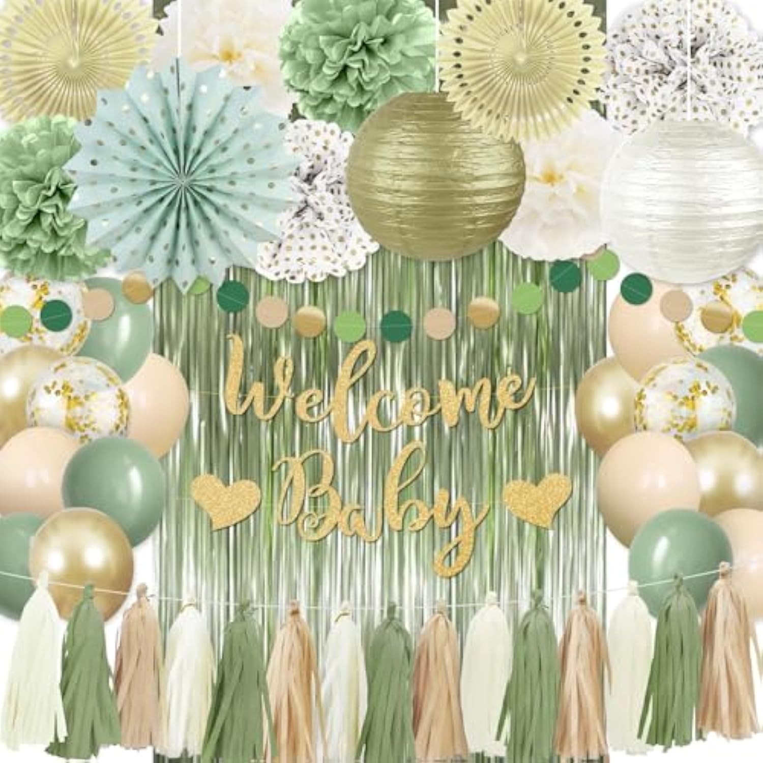 Sage Green Baby Shower Decorations, Welcome Baby Gender Neutral Baby Shower Decor, With Tissue Pom Poms, Balloons, Tassel Garland, Paper Lanterns For Gender Reveal Birthday Party Decorations