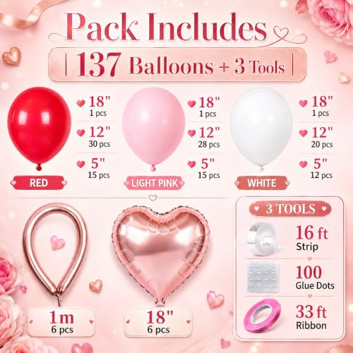 Valentine's Day Balloon Arch Kit, Red and Pink Balloons, 137 Pcs