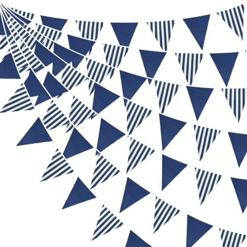 36Ft Blue Striped Party Decorations Blue White Striped Nautical Burlap Banner Triangle Pennant Flag Linen Garland Streamers for Nautical Birthday Royal Bridal Shower Sea Ocean Party Decor Supplies