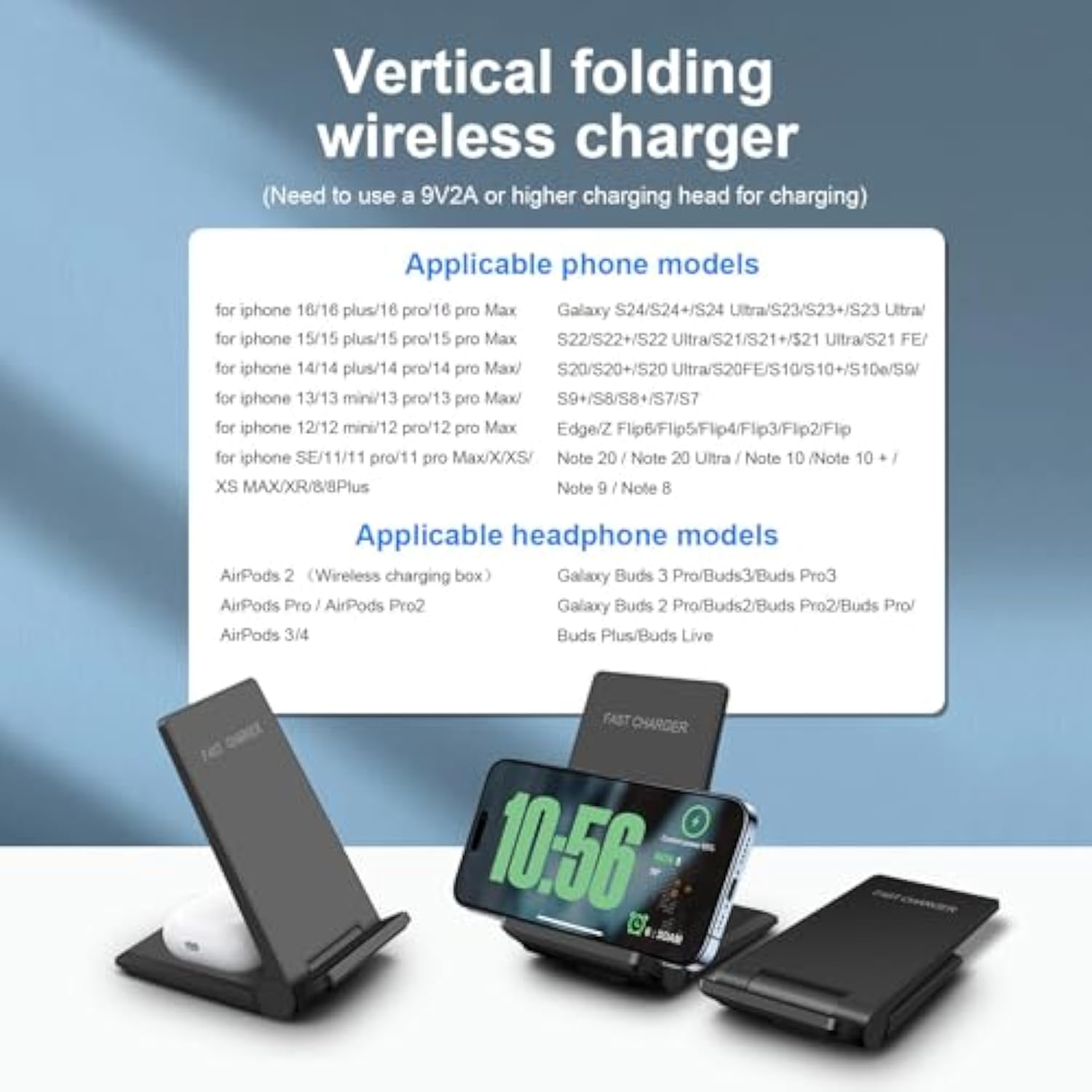 Wireless Charger, 2 In 1 Wireless Charging Stand Dock Foldable 20W Fast Charge For Iphone 16 15 Pro 14 13 12 11 Pro Max Xs,Airpods, For Samsung Galaxy S24/S23/S22/S21/S20,Note20/10,Galaxy Buds,Black