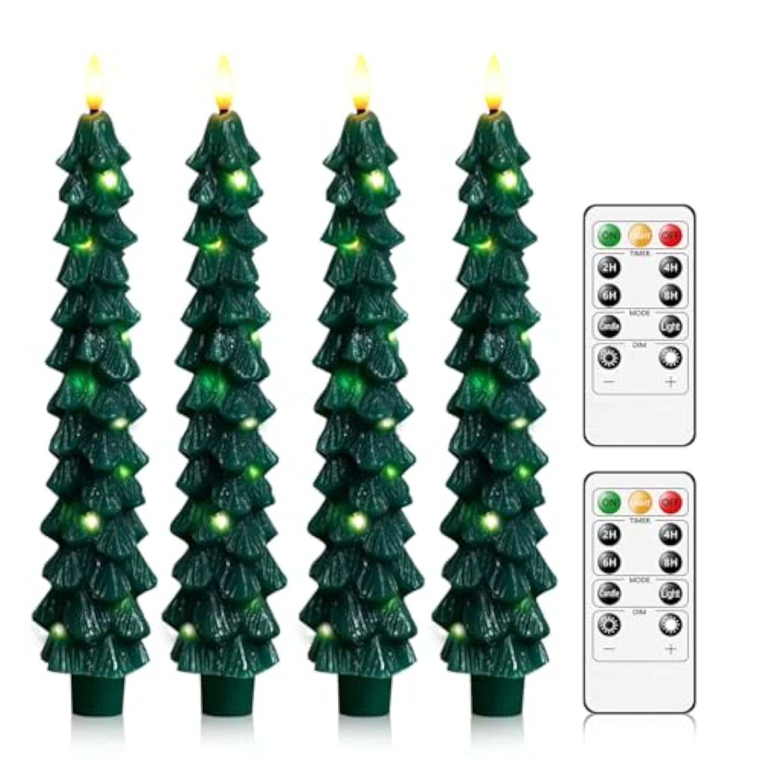 Christmas Tree Flameless Candles With Remote,4 Pcs Green Real Wax Led Flickering Candles Battery Operate With Embedded Star String For Home Decoration Christmas Gifts(D0.86 Xh9.6)