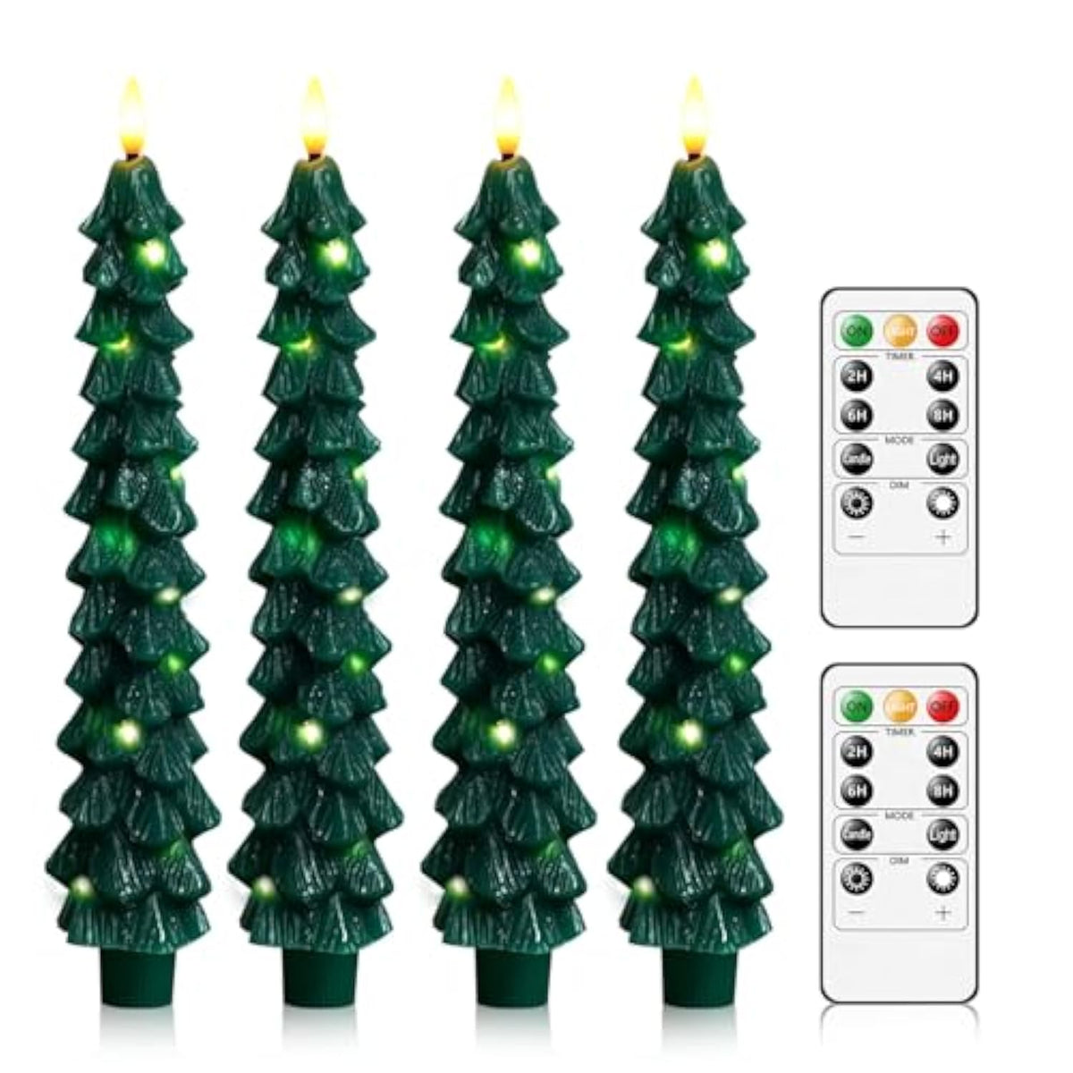 Christmas Tree Flameless Candles With Remote,4 Pcs Green Real Wax Led Flickering Candles Battery Operate With Embedded Star String For Home Decoration Christmas Gifts(D0.86 Xh9.6)