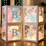 Baby Boxes With Letters For Baby Shower Decoration, 4 Pcs Clear Baby Balloon Boxes Blocks With Led Fairy String Lights 38 Balloons For Boy Girl Gender Reveal Birthday Party (White)