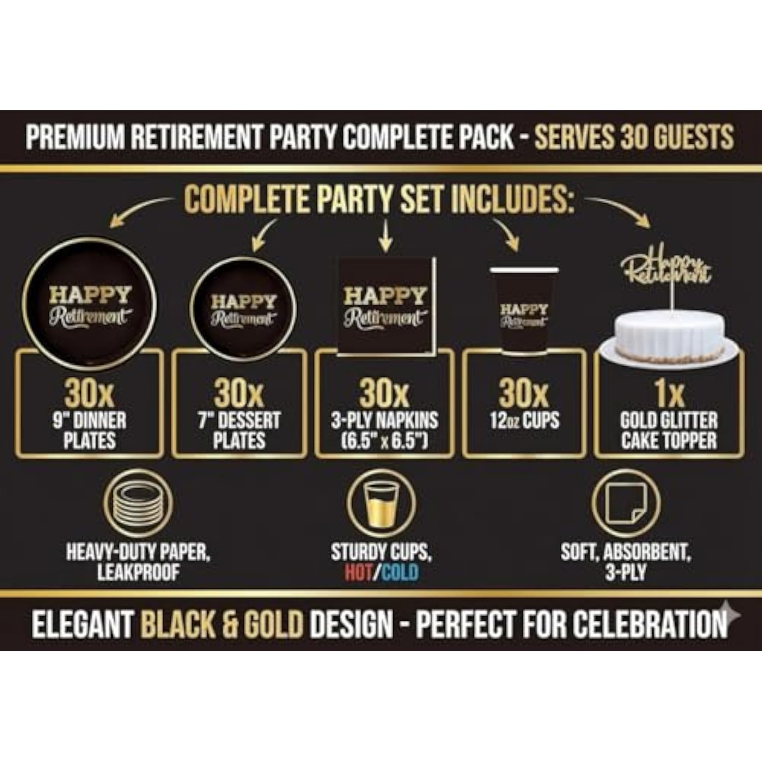 Gender Reveal Party Supplies Set – Plates, Cups, Napkins, Cake Topper – Disposable Baby Shower Plates And Napkins For Boy Or Girl Gender Reveal Decorations, Black And Gold