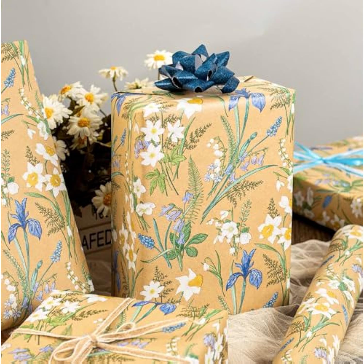 Kraft Floral Wrapping Paper - 17Inch X 33Feet - Elegant Meadow Gift Wrap Boho Garden Watercolor Flower Gift Wrapping Paper For Birthday, Wedding, Mothers Day, Bridal Shower, Engagement