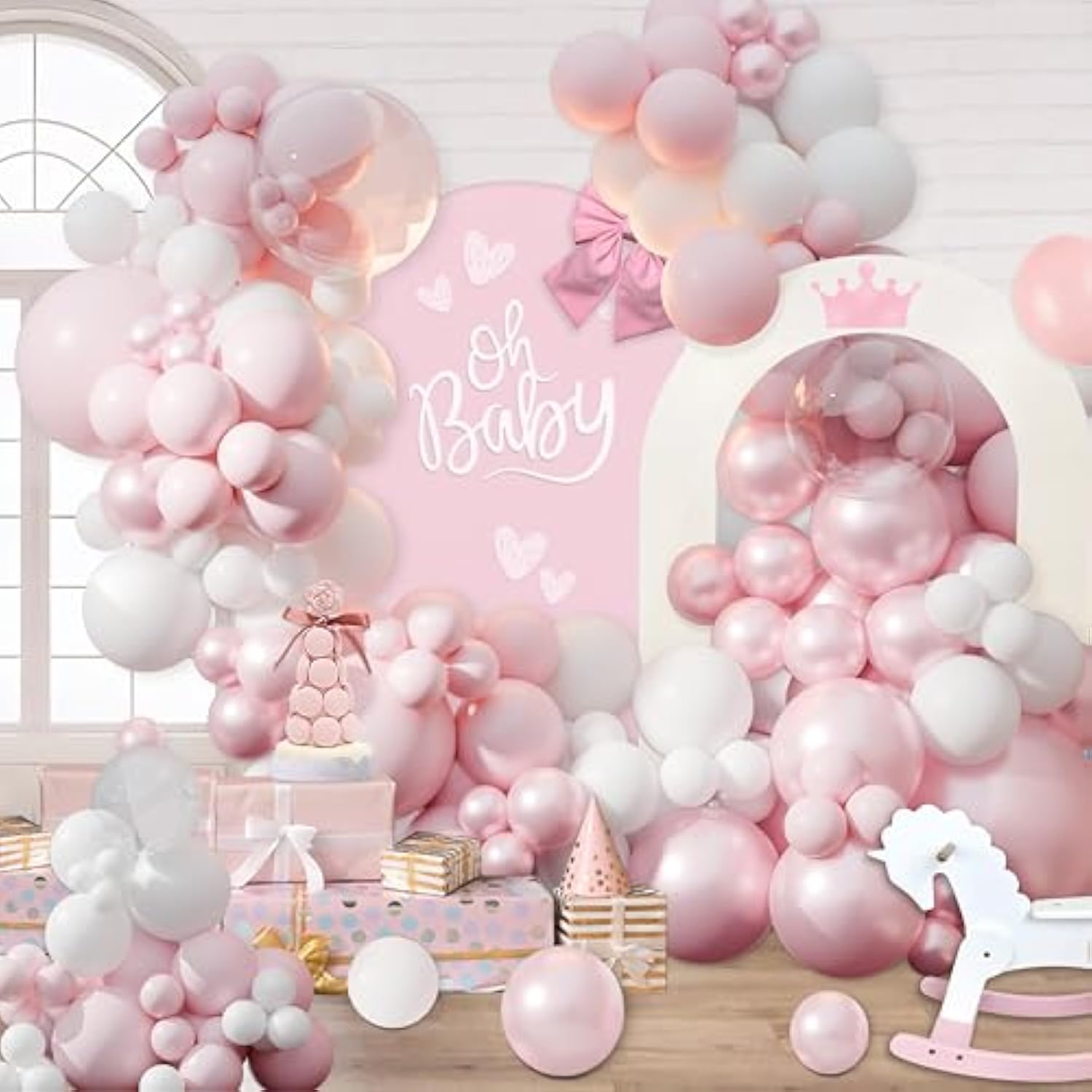 Pink Balloon Arch Kit, 108Pcs Double Stuffed Balloon Arch Garland Kit Include Pearl Pink Macaron Pink White Balloons Clear Balloons For Birthday Wedding Baby Shower Bridal Party Decorations