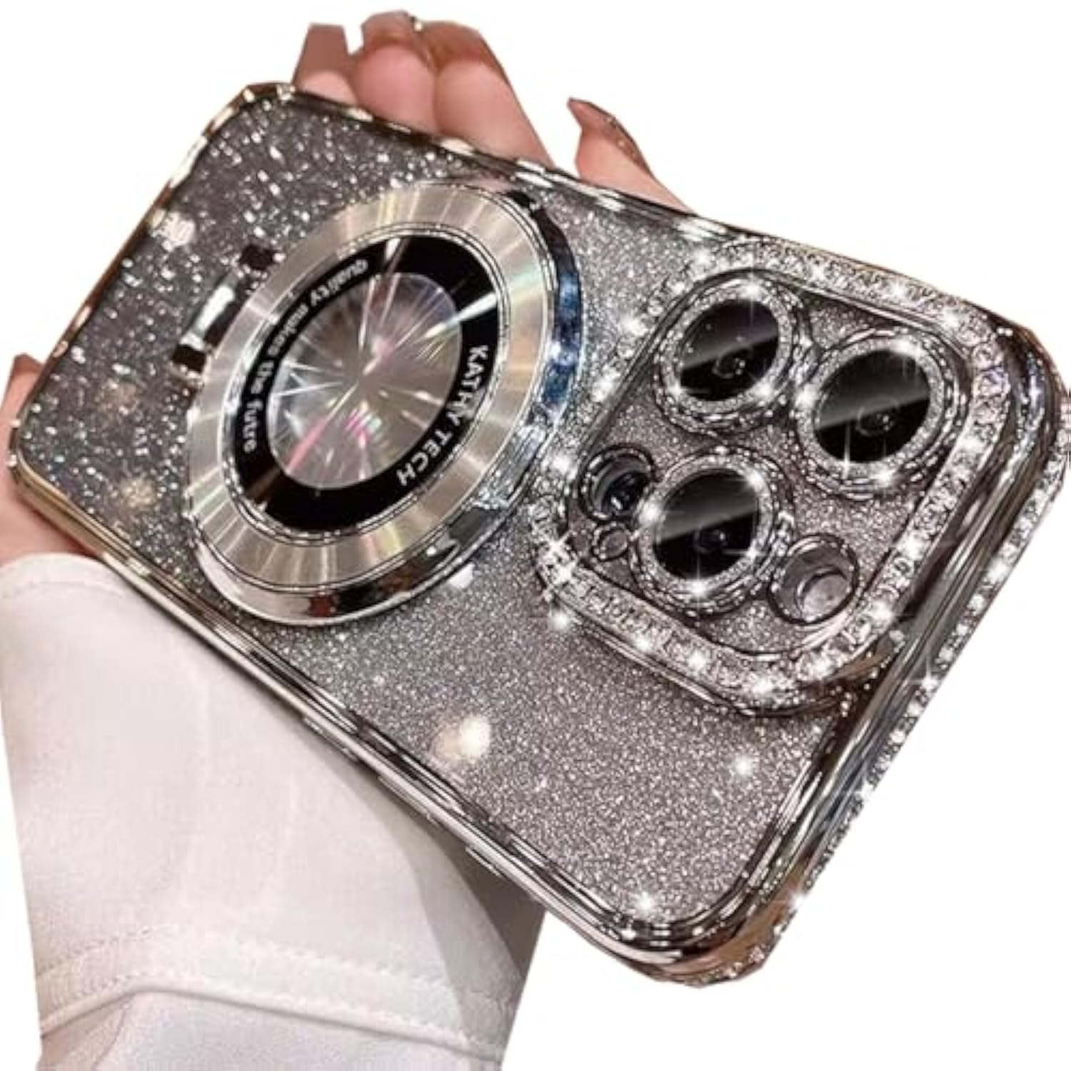 Magnetic Kickstand Glitter Case For Iphone 13 Pro Max, [Compatible With Magsafe] Luxury Bling Sparkly Diamond Rhinestones With Camera Protector Women Girls Case For Iphone 13 Pro Max (Silver)