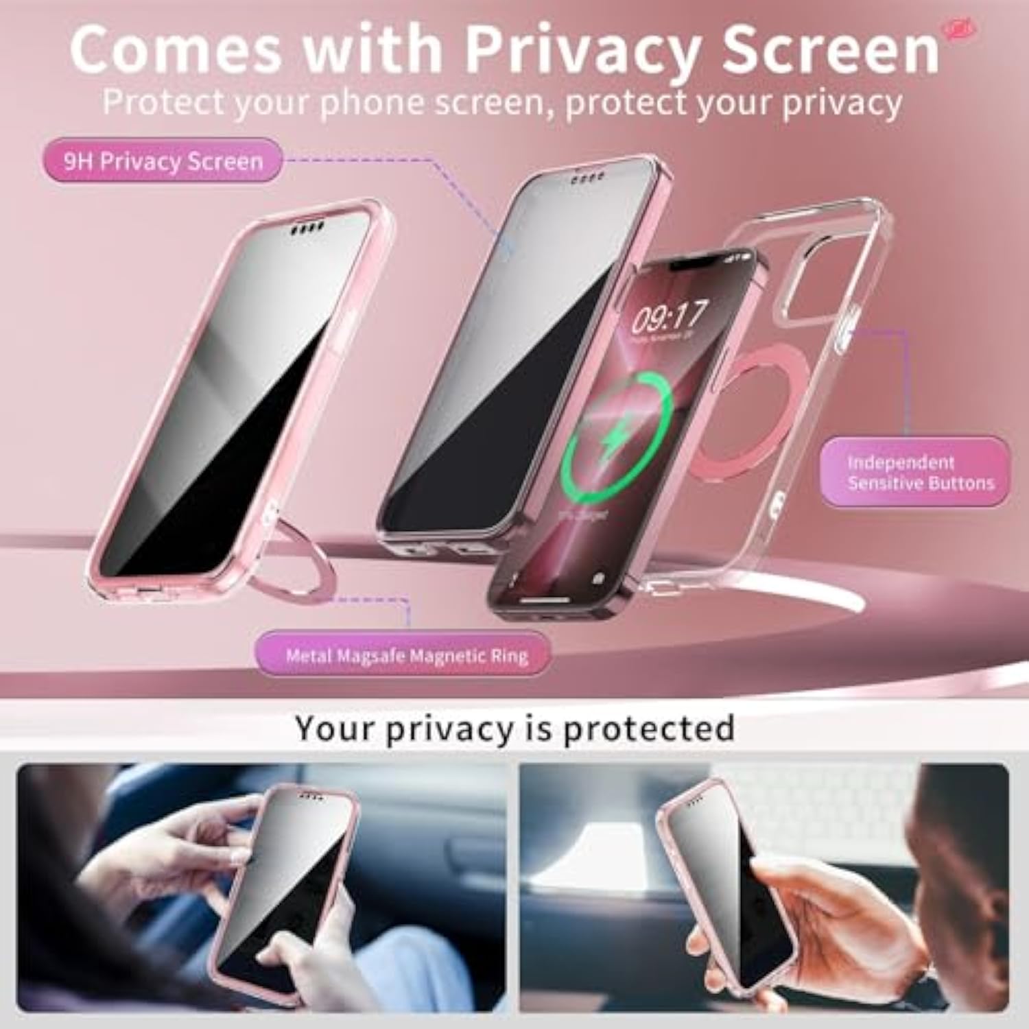 Privacy Case For Iphone 14 Pro Max With 360°Stand [Built-In Anti Peeping Screen Protector] [Compatible With Magsafe] [Magnetic Ring ] Full Body Protective Phone Cover 6.7", Pink