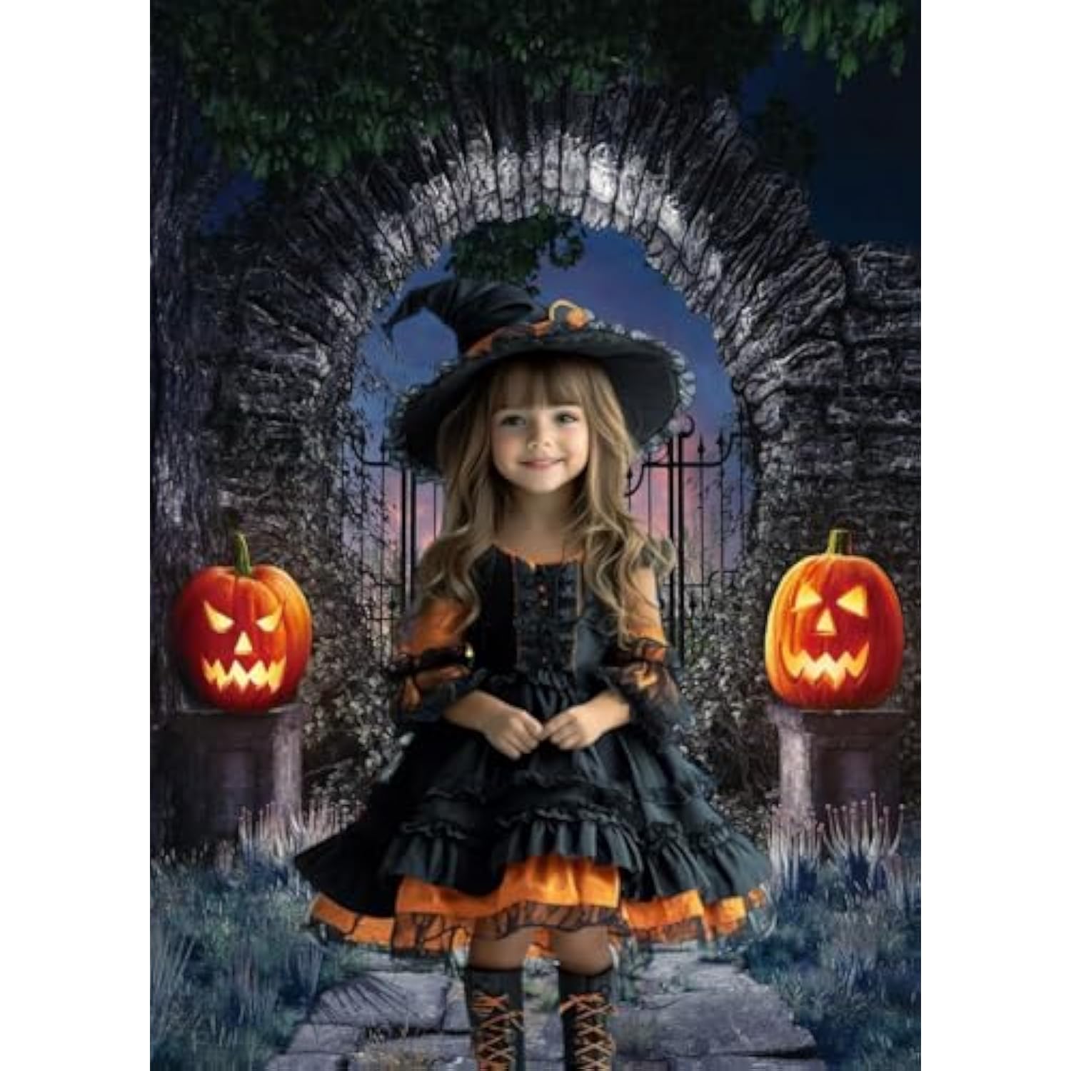 5x7Ft Halloween Gate Backdrop Gothic Arch Jack-O'-Lantern Castle Photo Decor