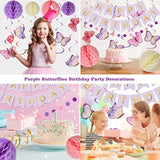 Birthday Decorations, Happy Birthday Banner With Honeycomb Balls, Butterfly Hanging Swirl Streamers, Circle Dots Garland, Happy Birthday Party Decorations For Women Men Boys Girls (Purple)