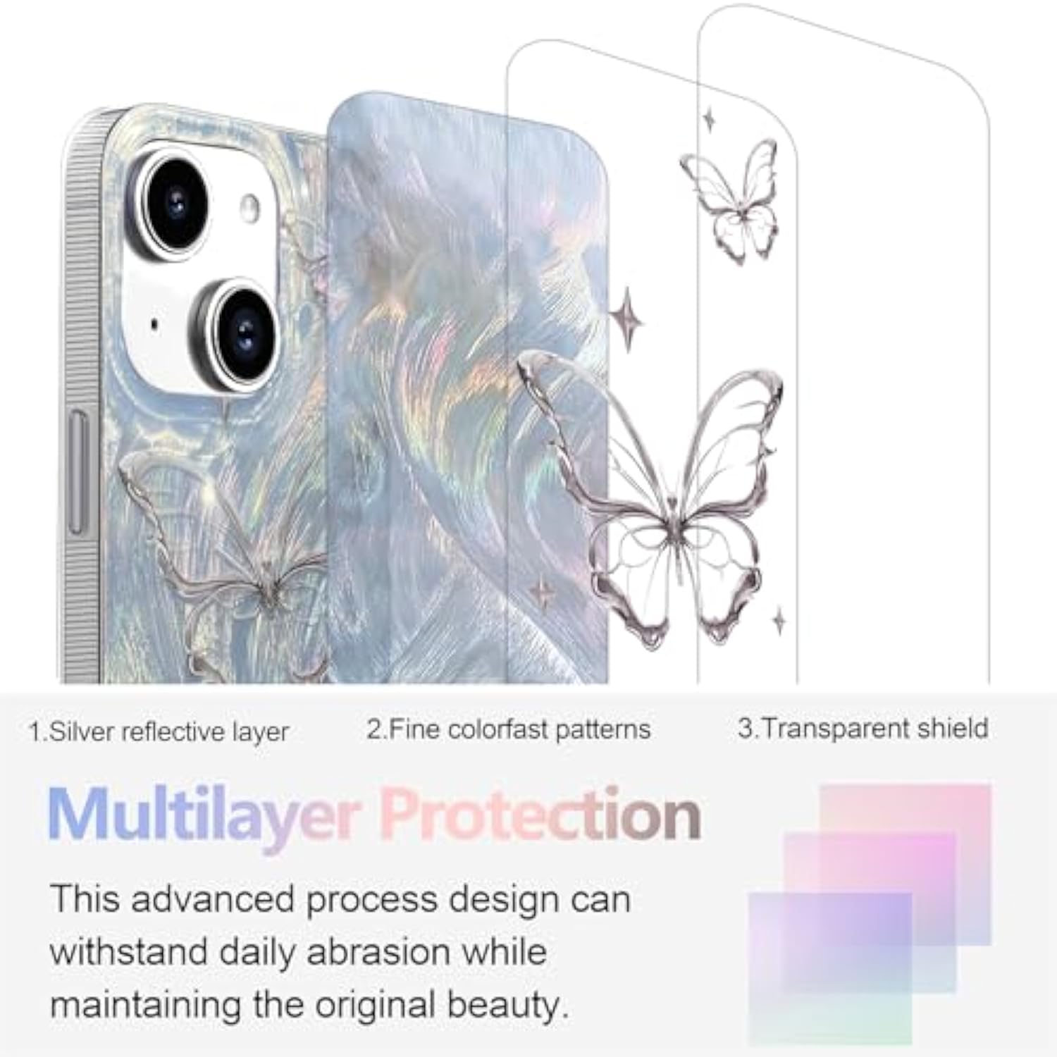 For Iphone 13 Case & Iphone 14 Case Shiny Silver Butterfly Design,Trendy Cute Soft Slim Shockproof Tpu Protective Phone Cases Cover For Women Girls Aesthetic Glitter,Iphone 14/13 6.1"
