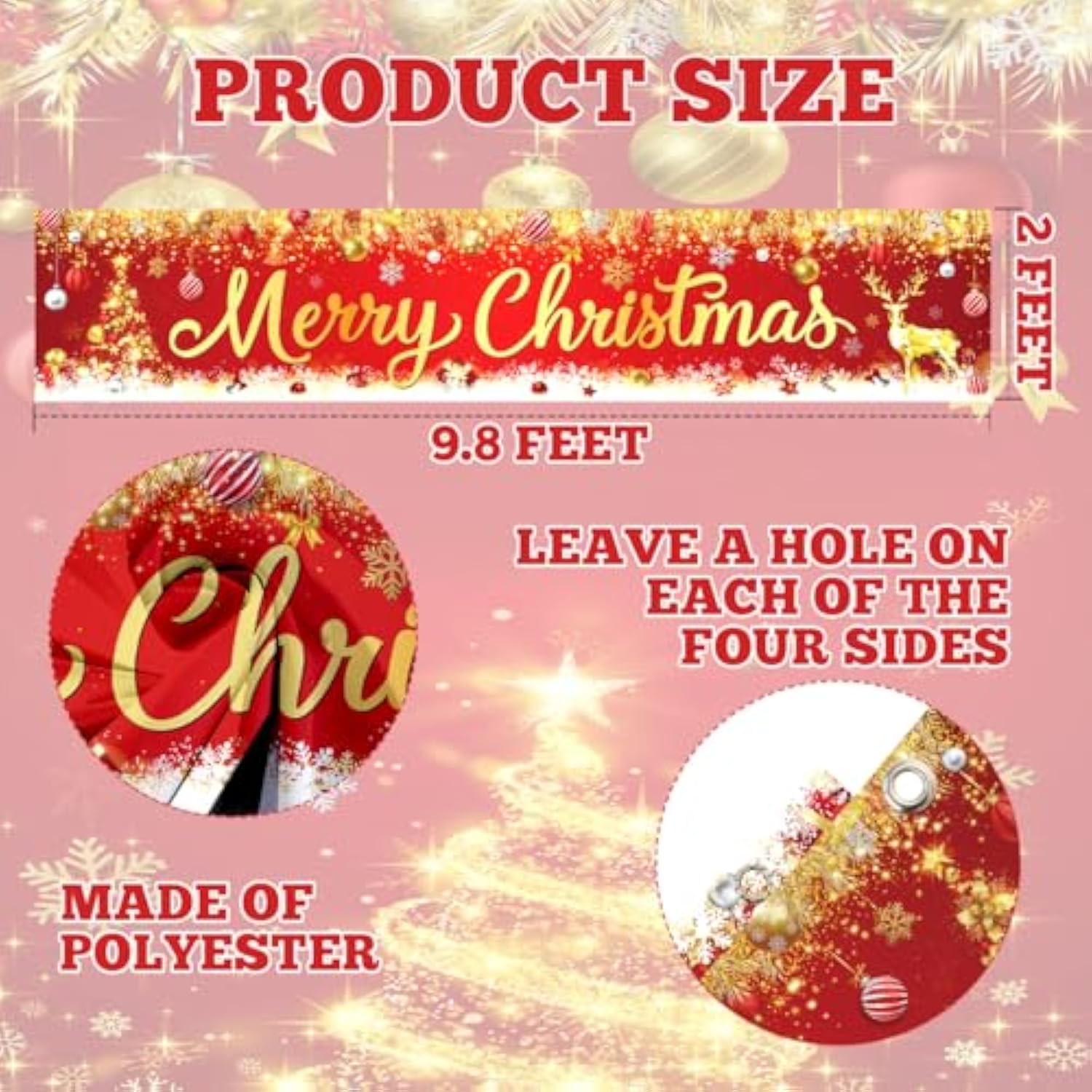 Merry Christmas Banner - Red And Gold Large Outdoor Xmas Tree Elk Banner For Christmas Holiday Party Fence Yard Sign Decoration Photo Background, 9.8 2Ft