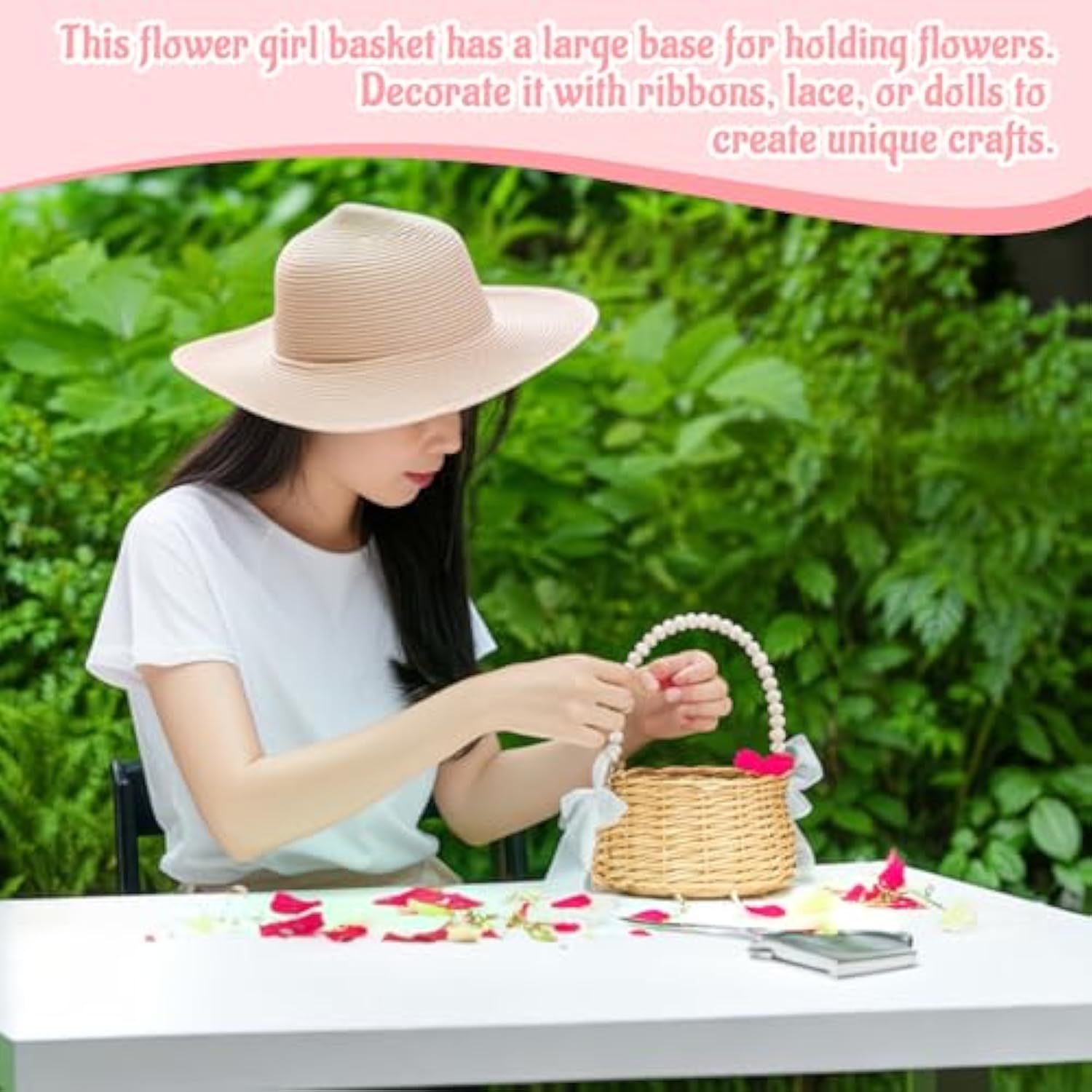 Flower Girl Basket, Wedding Flowers Basket, Large Wicker Flower Girl Basket With Pearl Handle And Ribbon Bow, Handwoven Wicker Flowers Baskets For Outdoor Picnic, Home Wedding Decor, Photo Props