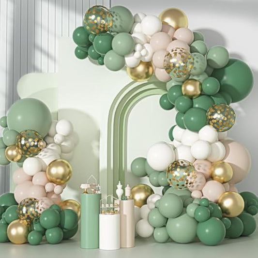 Sage Green Balloons Arch Garland Kit, Different Sizes 18 12 10 5 Inch Sage Green Gold Sand White Olive Latex Metallic Confetti Balloon For Baby Shower Safari Birthday Party Decorations
