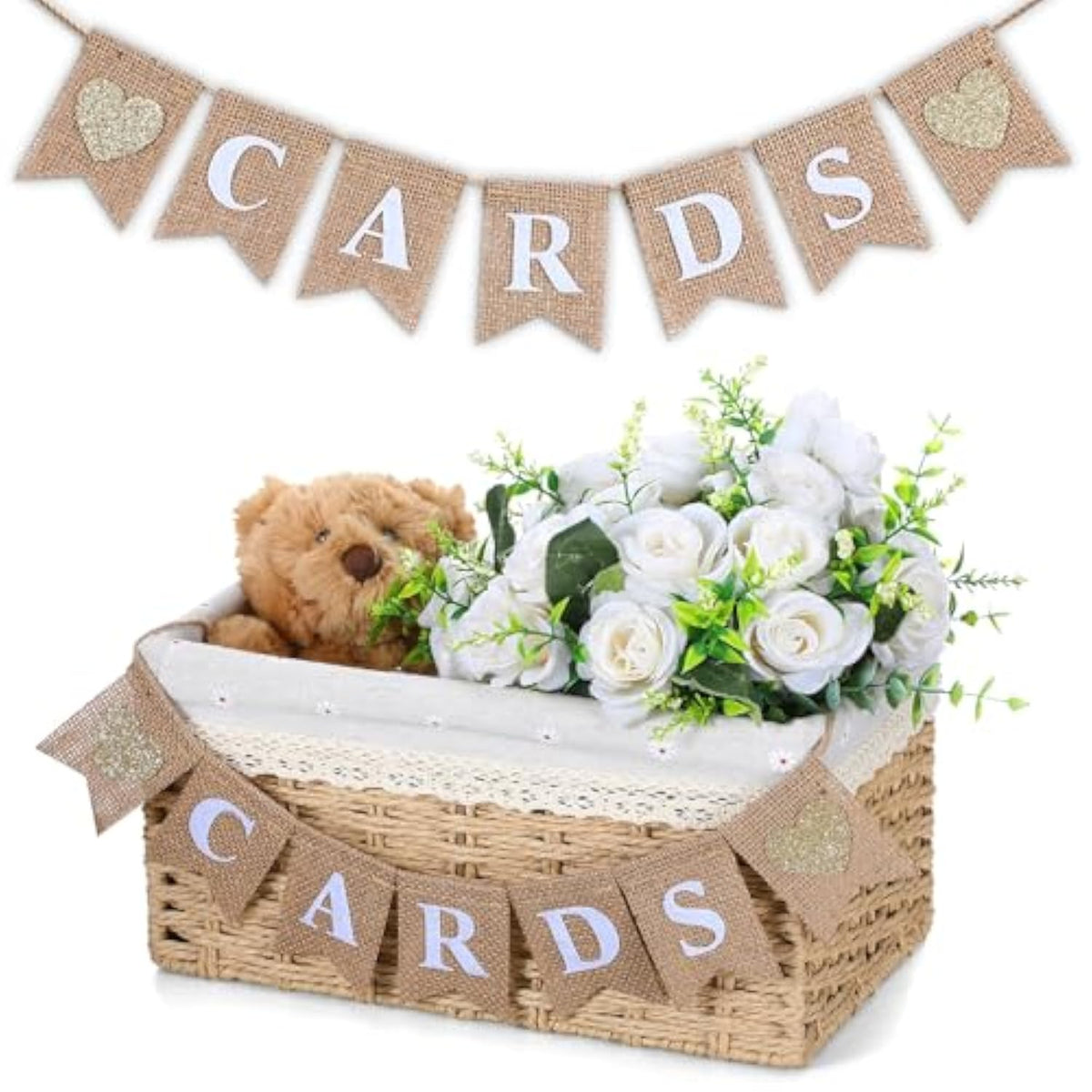 Mini Cards Sign Banner For Card Box Wedding Themed Hanging Banner Decor Party Decoration For Birthday For Basket Table Greeting Photo Props Table Decor, Basket Not Included(Classic,Linen)