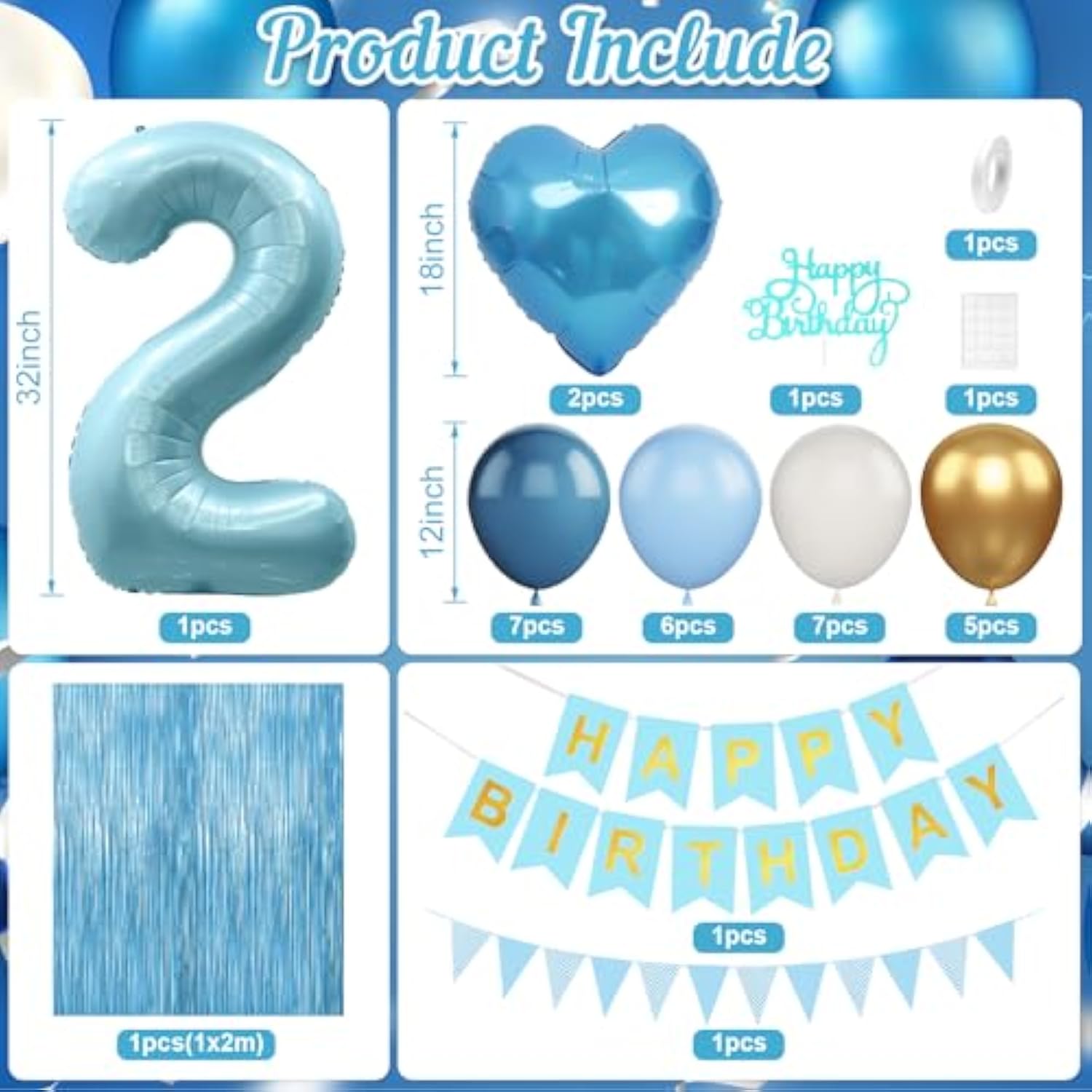 2Nd Birthday Decorations Blue White Gold, 25Pcs Balloons, Banner, Fringe Curtain, Heart Foil Balloons, Cake Topper, Boys Girls 2 Year Old Birthday Decor