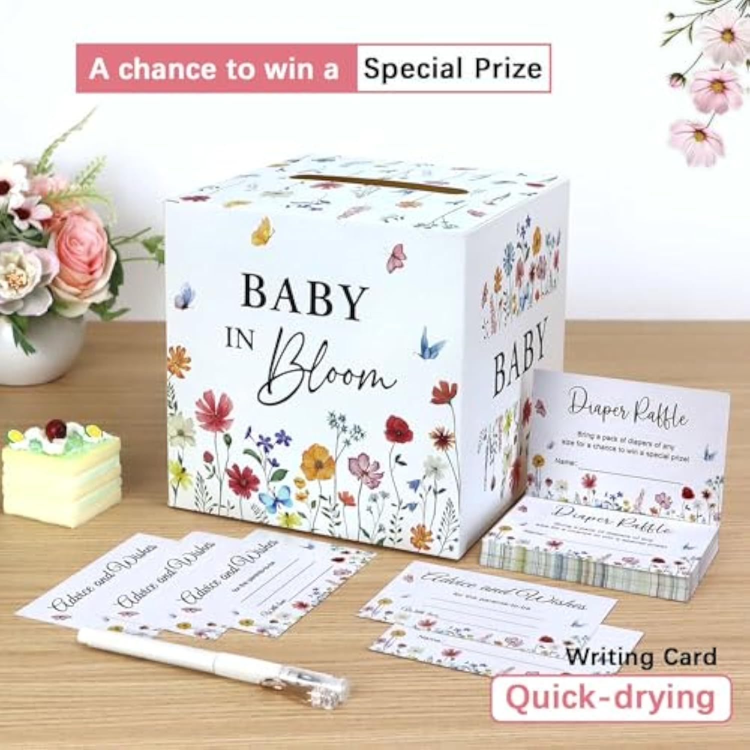 Baby In Bloom Baby Shower Decorations Diaper Raffle Box With 50 Tickets, Girls Wildflower Diaper Raffle Card Box Games Kit
