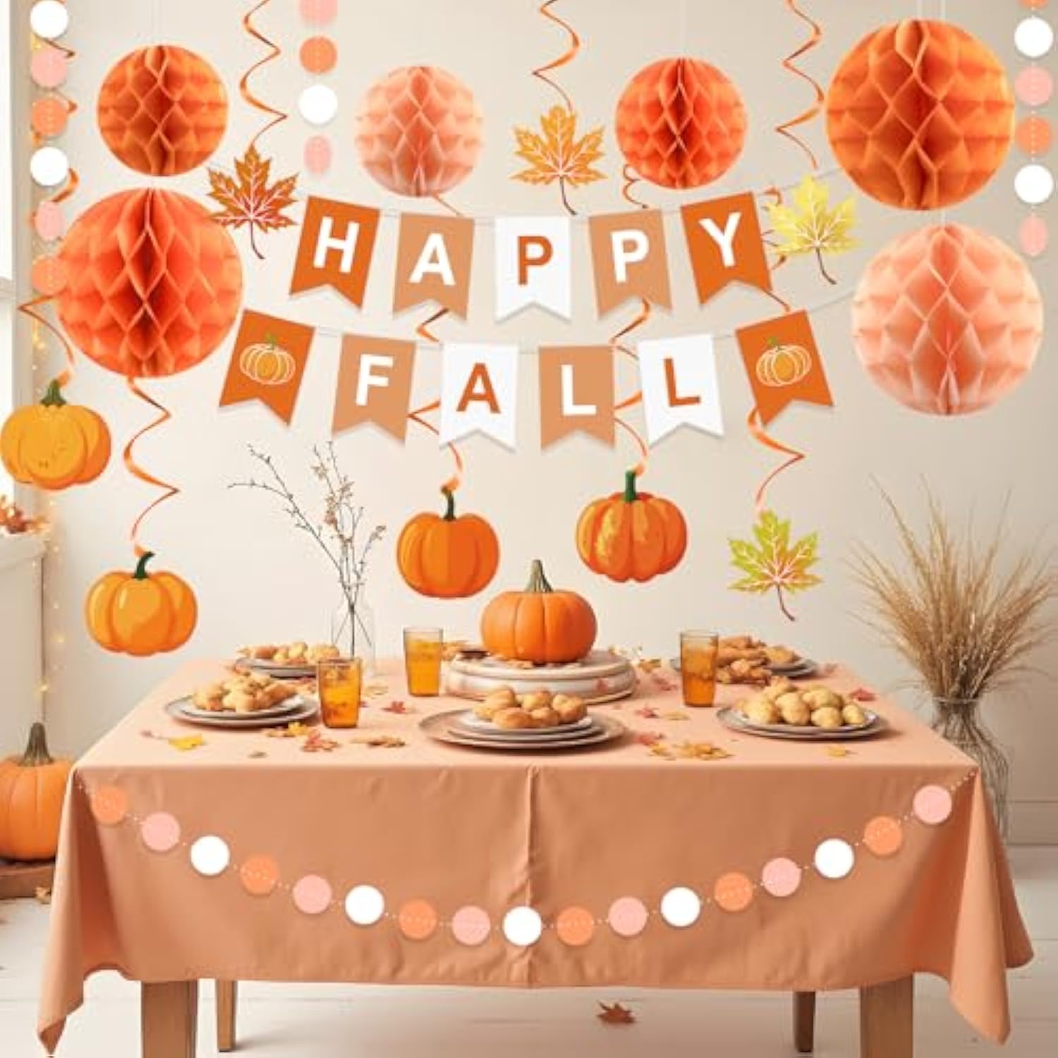 Fall Party Decorations Happy Fall Banner With Honeycomb Balls Pumpkin Maple Leaf Hanging Swirls Circle Dots Garland Fall Party Decor For Harvest Autumn Festival Thanksgiving Decorations