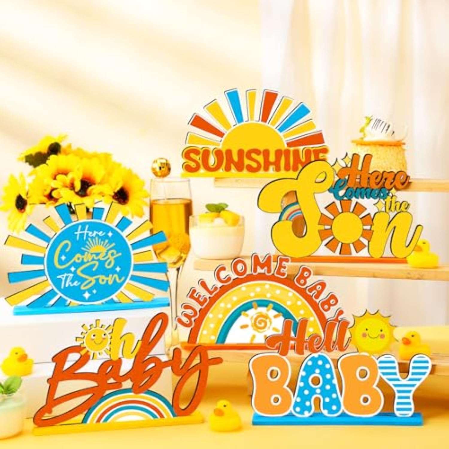 6 Pcs Here Comes The Son Baby Shower Decorations Retro Boho Party Centerpiece For Table Toppers Wooden Sunshine Baby Shower Decorations For Home Office Tier Tray Party Supplies(Blue)