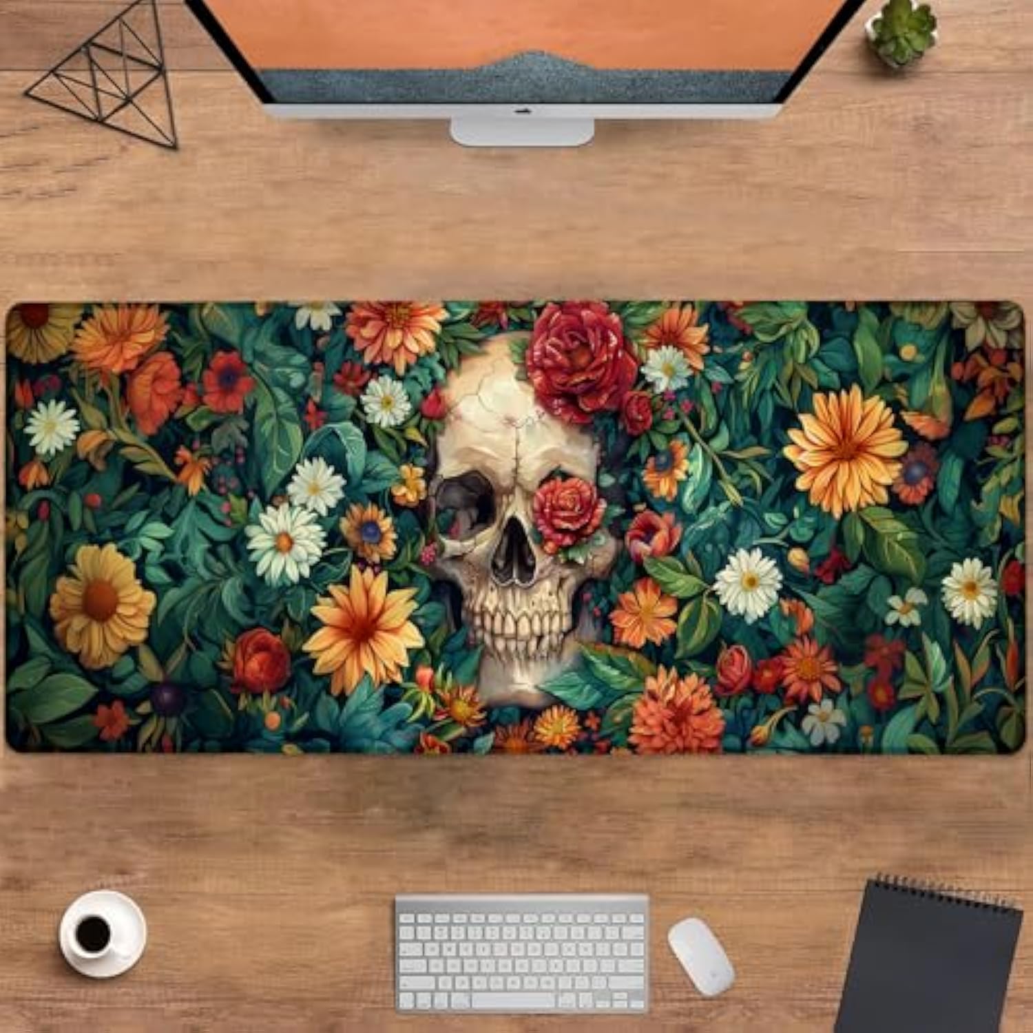 Skull & Floral Gaming Mouse Pad, Large Office Desktop Gothic Botanical Design Mousepad For Computer Laptop, Extended Work Desk Mat With Anti-Slip Base, Decorative Desk Pad 31.5×11.8 In