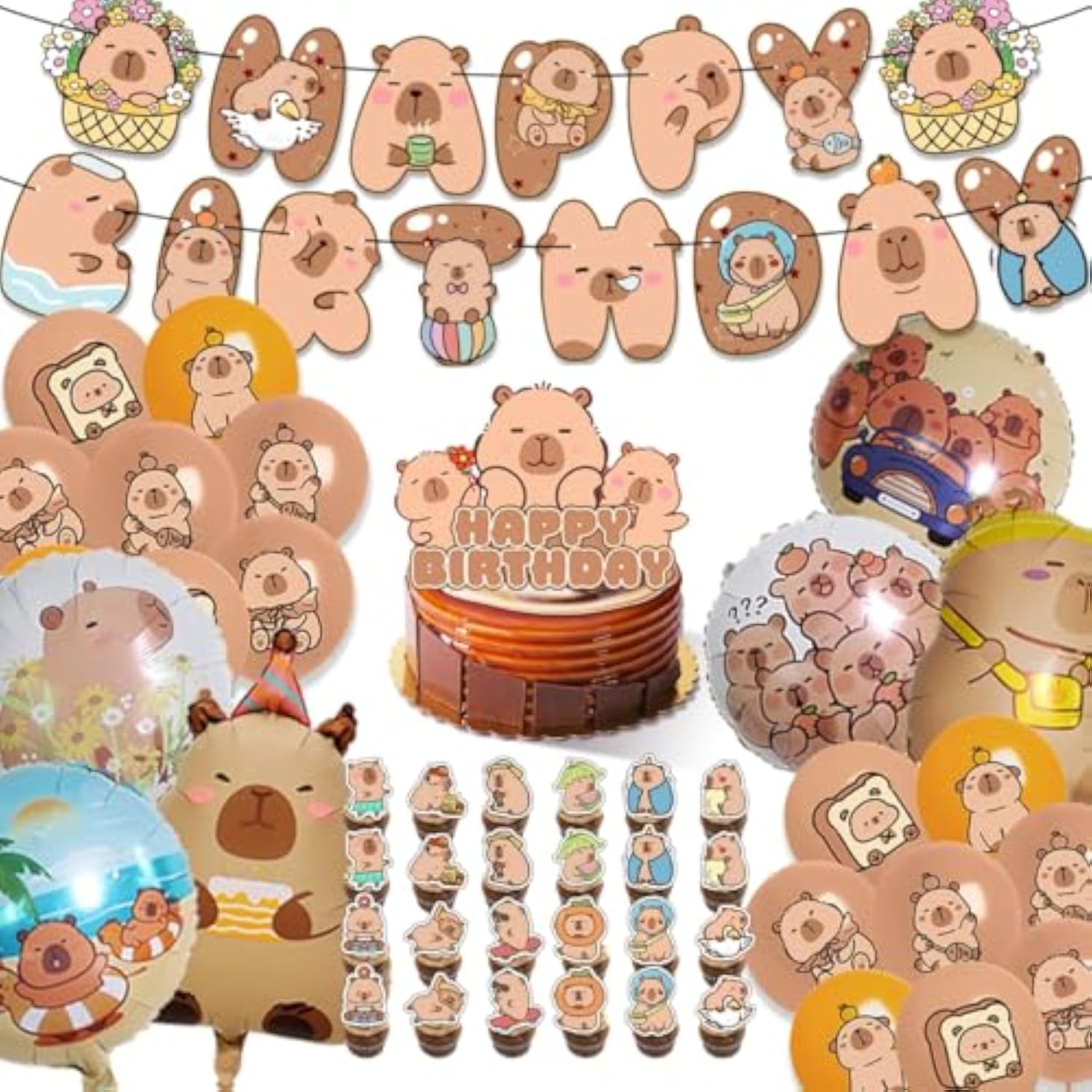 50Pcs Capybara Birthday Party Decor Set, Capybara Cake Topper Included 6 Foil Balloons, Happy Birthday Banner, 18 Latex For Capybara Lover Bday Decor Supplies