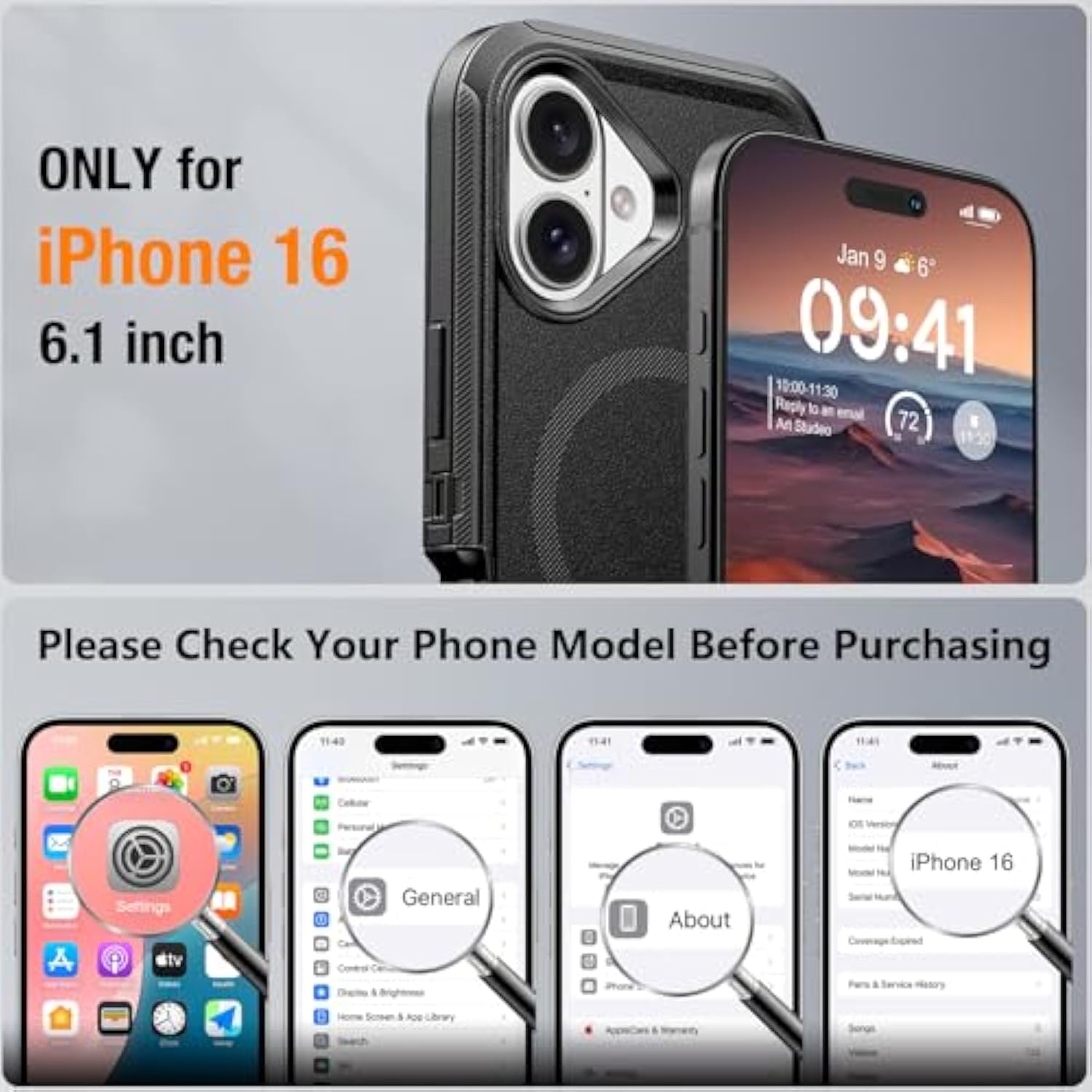 Compatible With Iphone 16 Case With Screen Protector, Shockproof, Compatible With Magsafe, 3-Layer Drop Protection, Heavy Duty Magnetic Phone Case Cover, 6.1", Black/Black