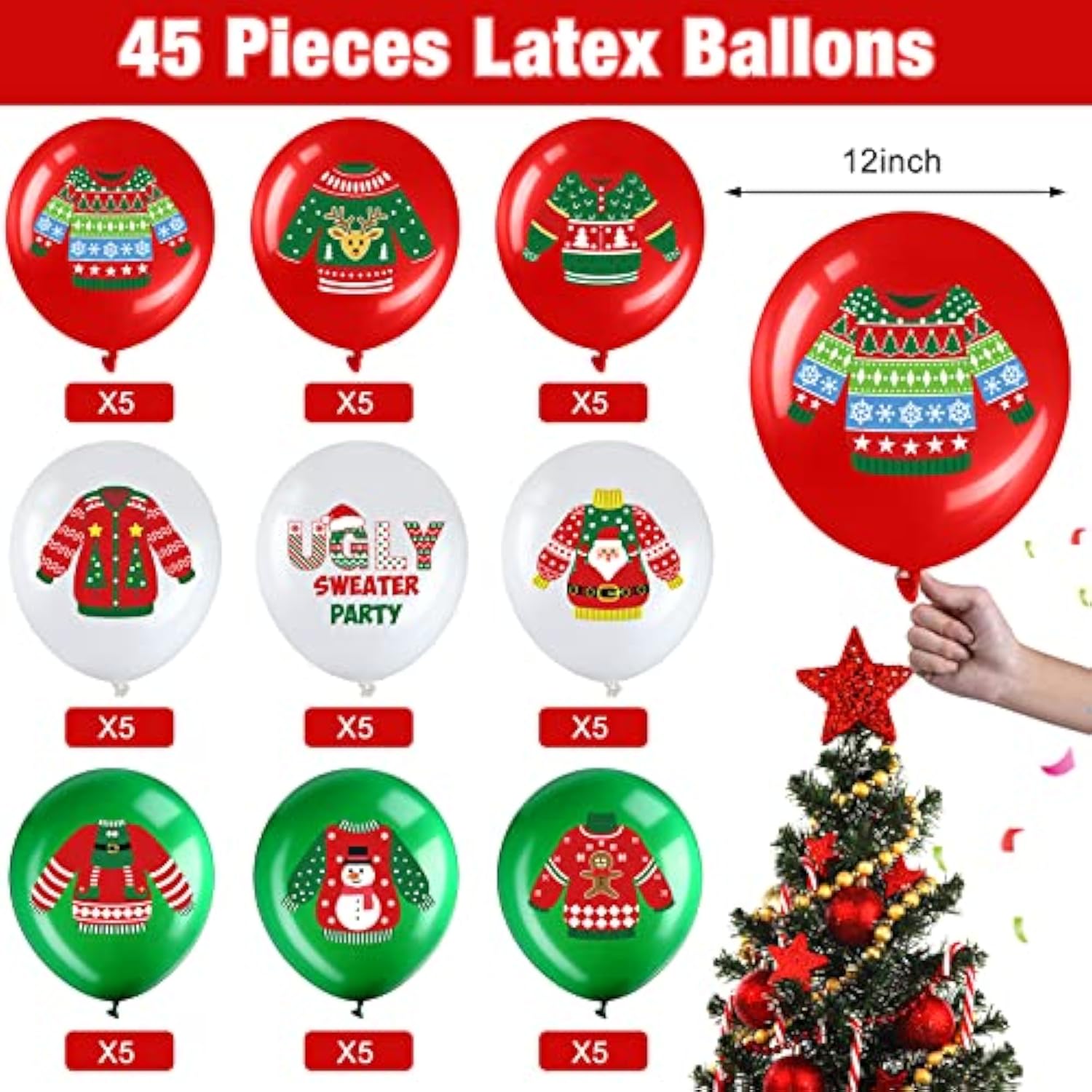 45 Pcs Christmas Balloons Ugly Sweater Balloon 12 Inch Red Green White Latex Balloons For Ugly Sweater Themed Party Christmas Party Decorations