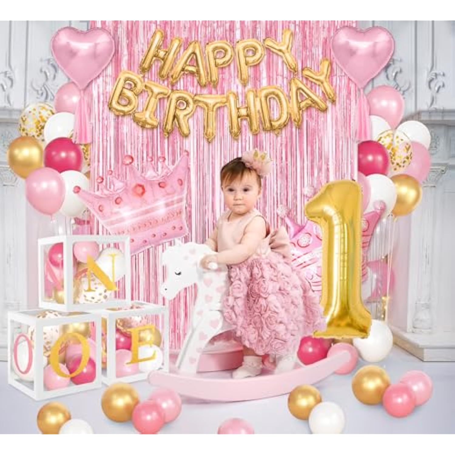 101pcs Baby Girl 1st Birthday Kit with Balloon Boxes, Confetti Balloons & Arch