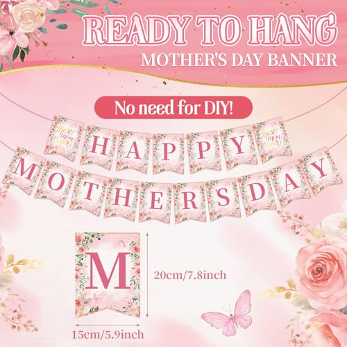 Pre-Strung Happy Mothers Day Banner, 2026 Mothers Day Decorations for Party, Pink Best Mom Ever Sign Bunting Banner Garland, Mother's Day Background for Photo Props