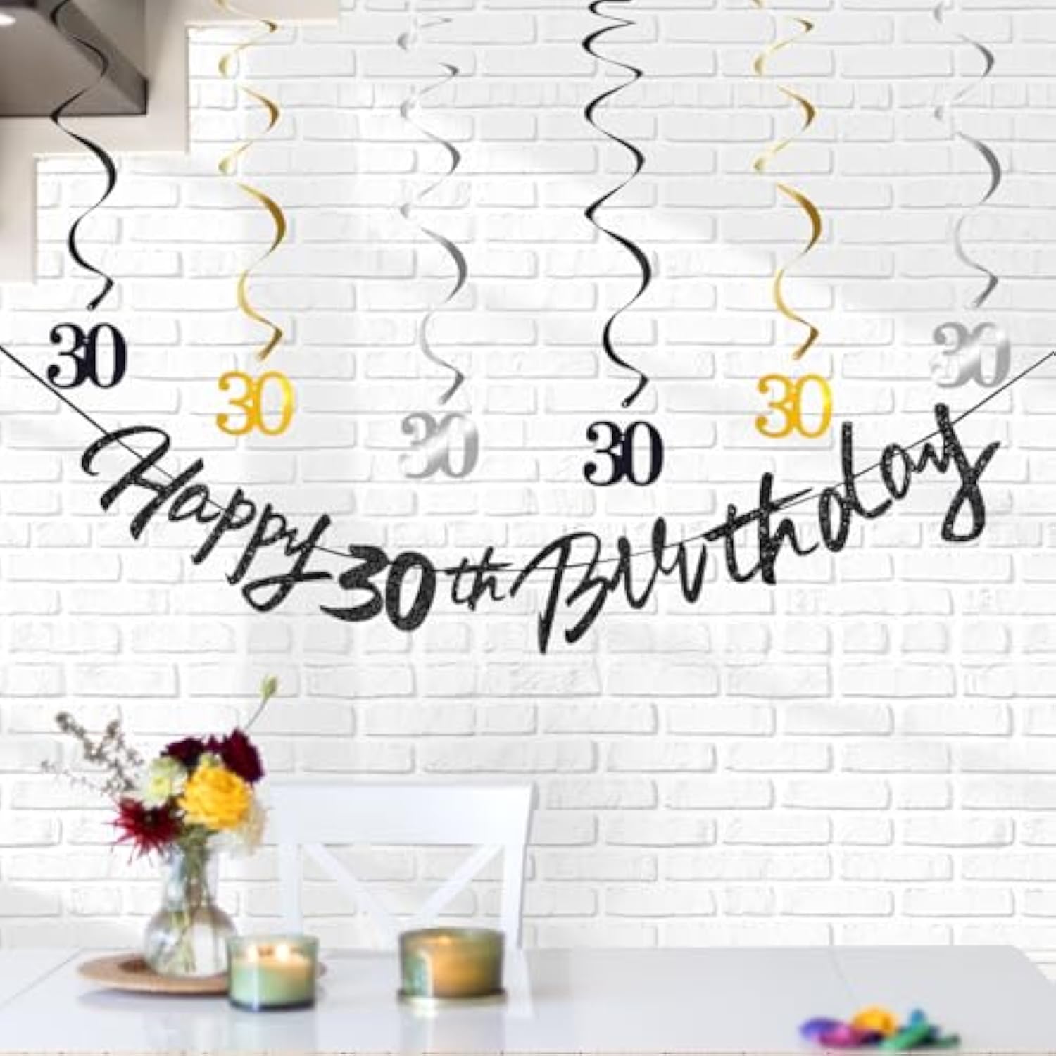 30Th Birthday Decorations For Boys Swirls Streamers Set, Hanging Vortex Happy 30Th Birthday Banner For Girls, Black And Gold 30 Birthday Decor Party Bunting