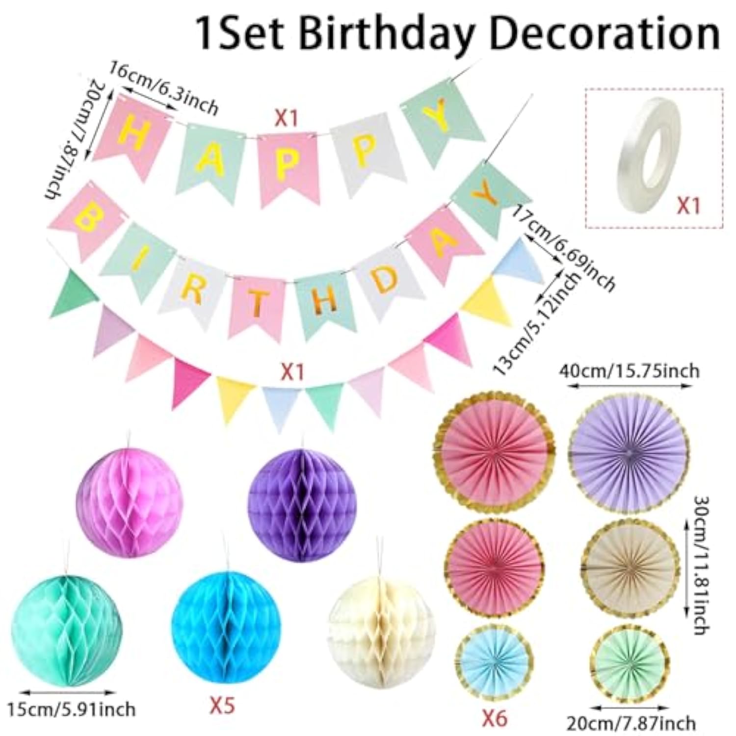 Pastel Birthday Party Decorations Macaron Banner, Paper Fans & Honeycomb Decor