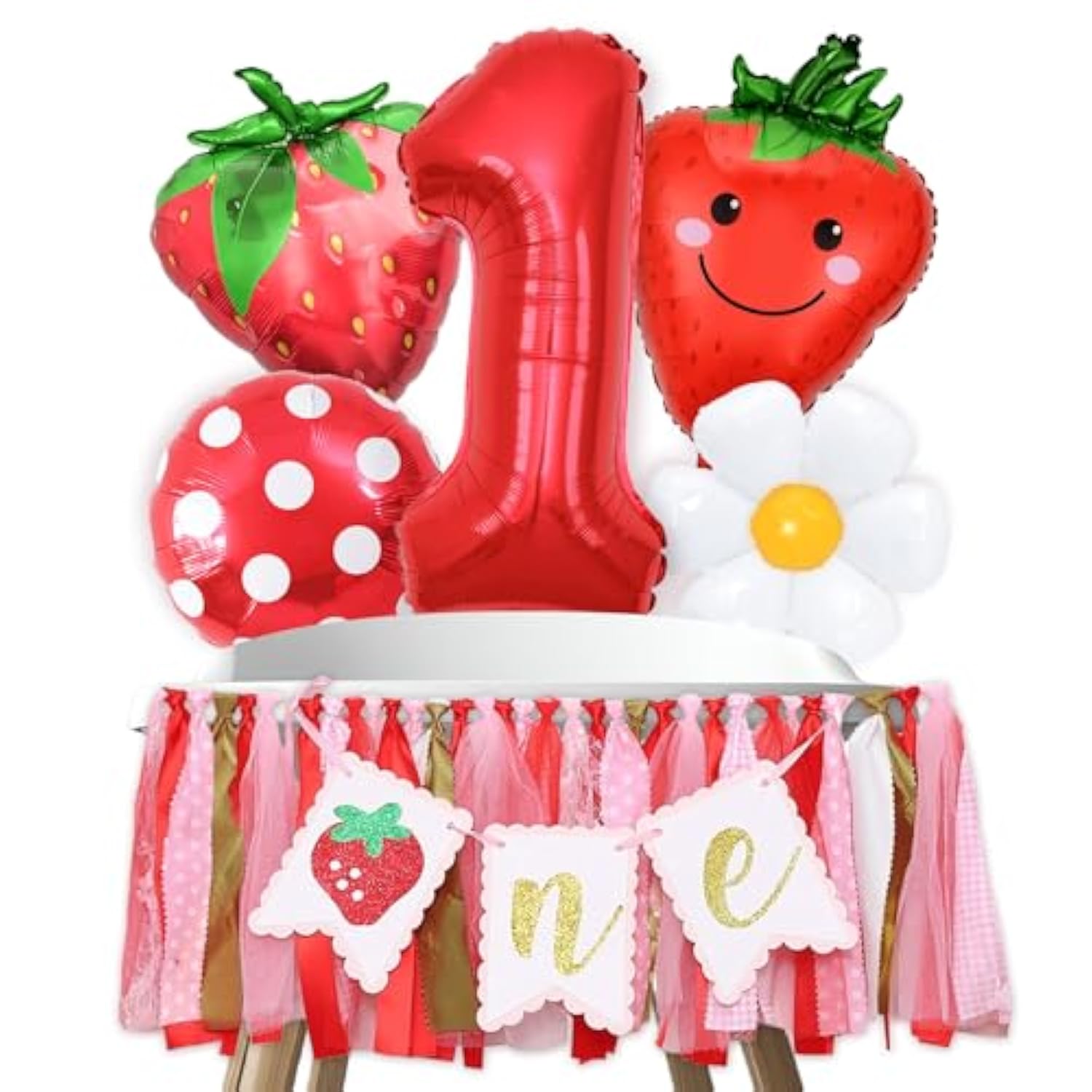 Strawberry First Birthday High Chair Banner Mylar Balloons Strawberry First Birthday Decorations Sweet One Party Supplies Photo Prop