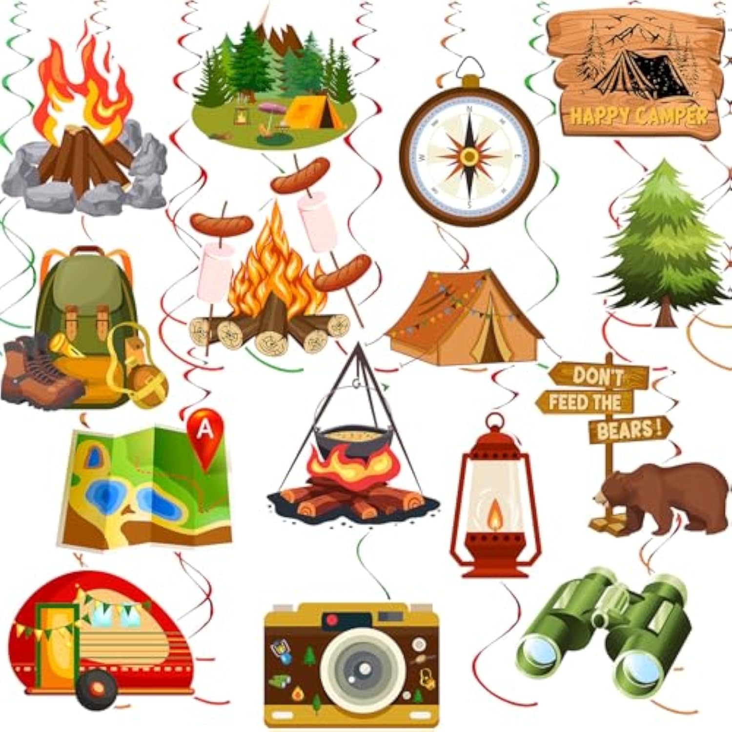 36Pcs Happy Camper Party Hanging Swirls Camping Themed Party Swirls Streamers Camping Adventure Bears Tent Party Birthday Decor For Boys Girls Kids Baby Shower Decorations