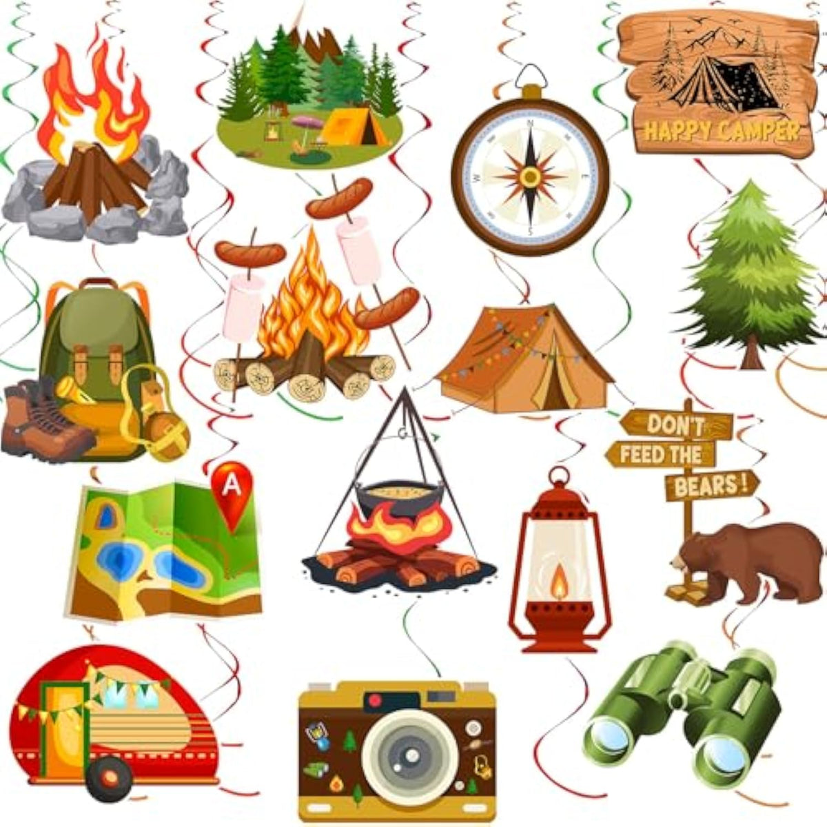 36Pcs Happy Camper Party Hanging Swirls Camping Themed Party Swirls Streamers Camping Adventure Bears Tent Party Birthday Decor For Boys Girls Kids Baby Shower Decorations