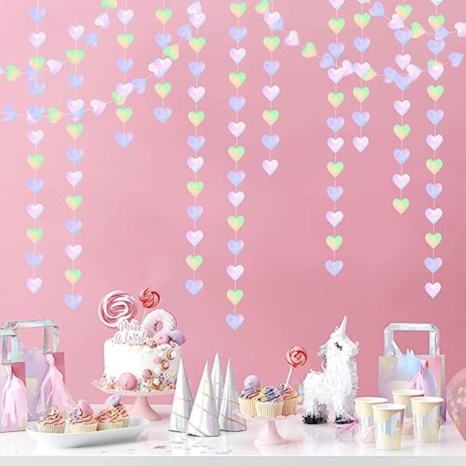 Holographic Heart Garland: Iridescent Disco Party Banner, 52ft