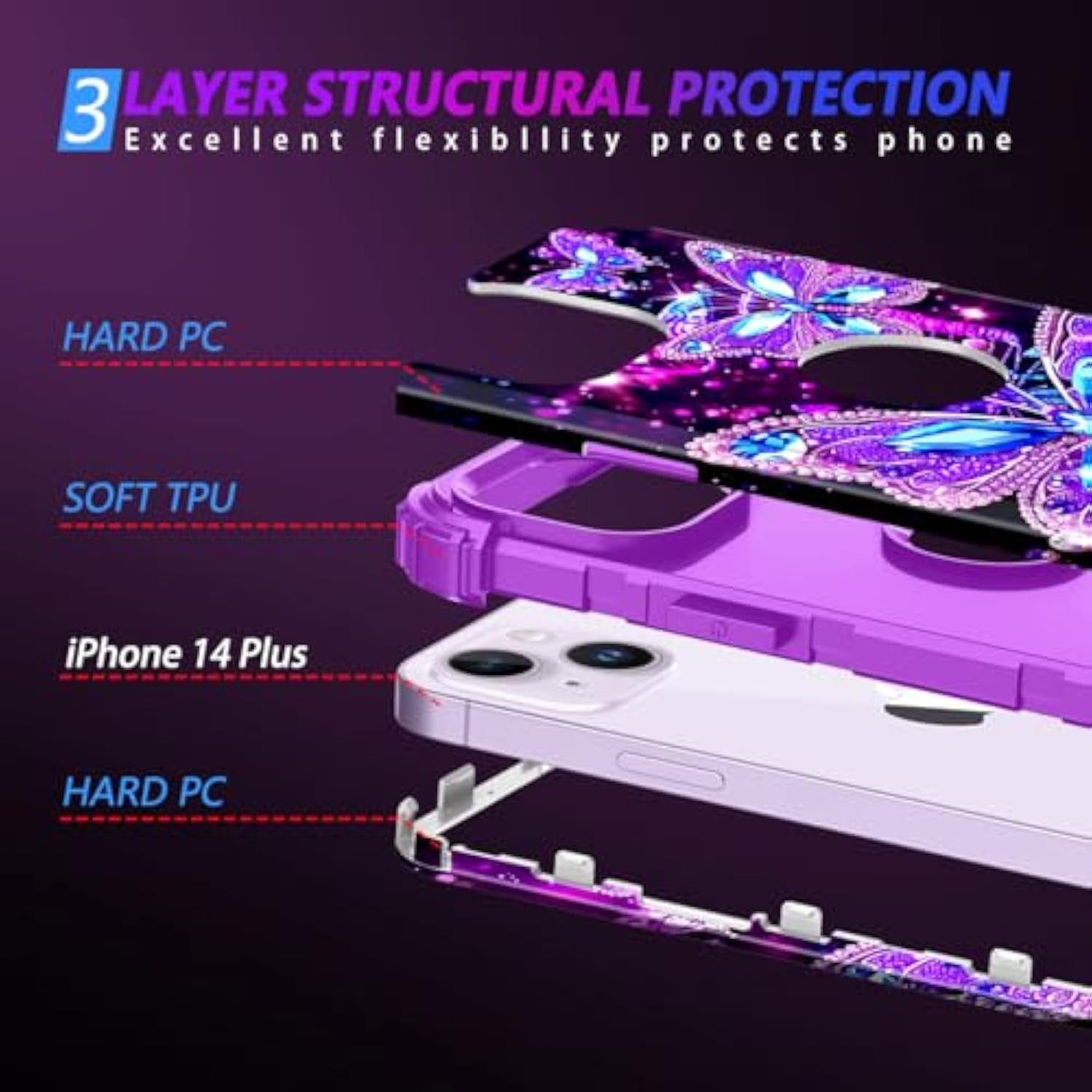 Compatible With Iphone 14 Plus Case,Glow In The Dark Three Layer Heavy Duty Shockproof Hard Plastic Bumper+Soft Silicone Protective Case For Apple Iphone 14 Plus,Dark Butterfly