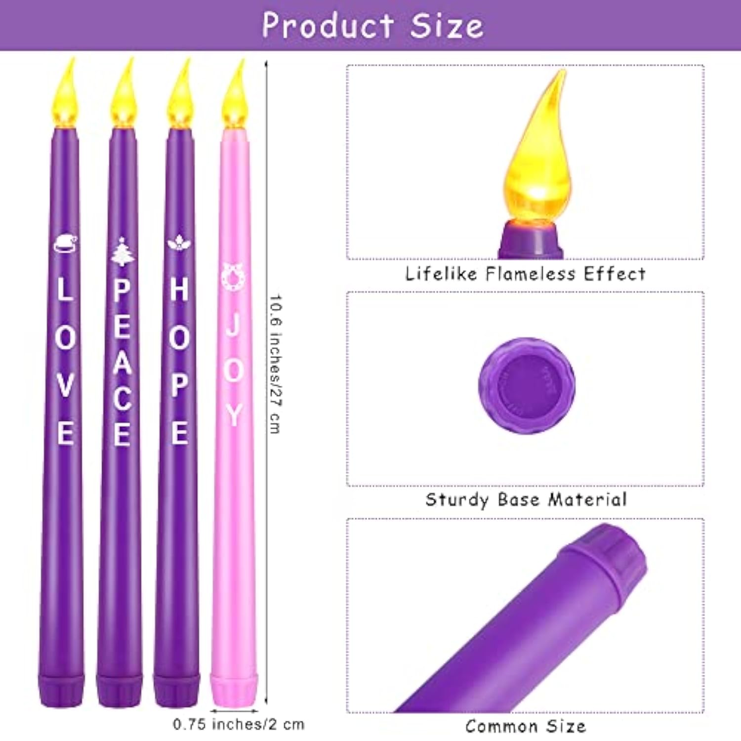 4 Pack Christmas Advent Candles With Words Flameless Advent Candle Led Taper Candles Flickering Window Celebration Candles For Christmas Wreath Advent Holiday Decor, Pink, Purple