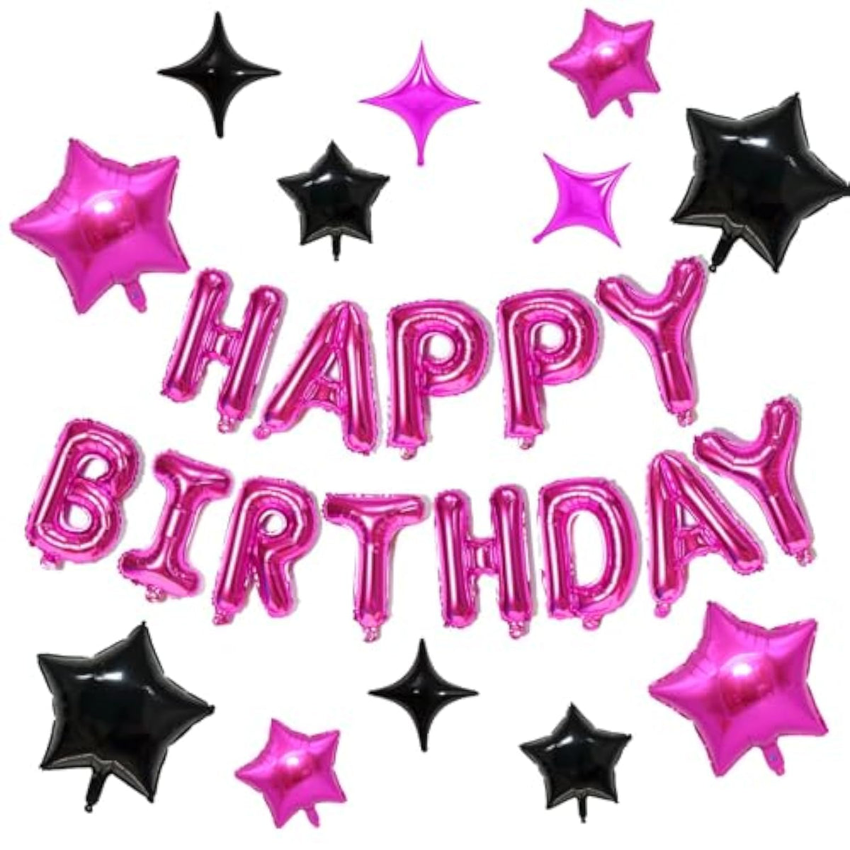 Hot Pink And Black Happy Birthday Balloons Kit With 16 Inch Mylar Foil Letters Balloon And Star Balloons For Birthday Party Decorations Photo Booth Backdrop