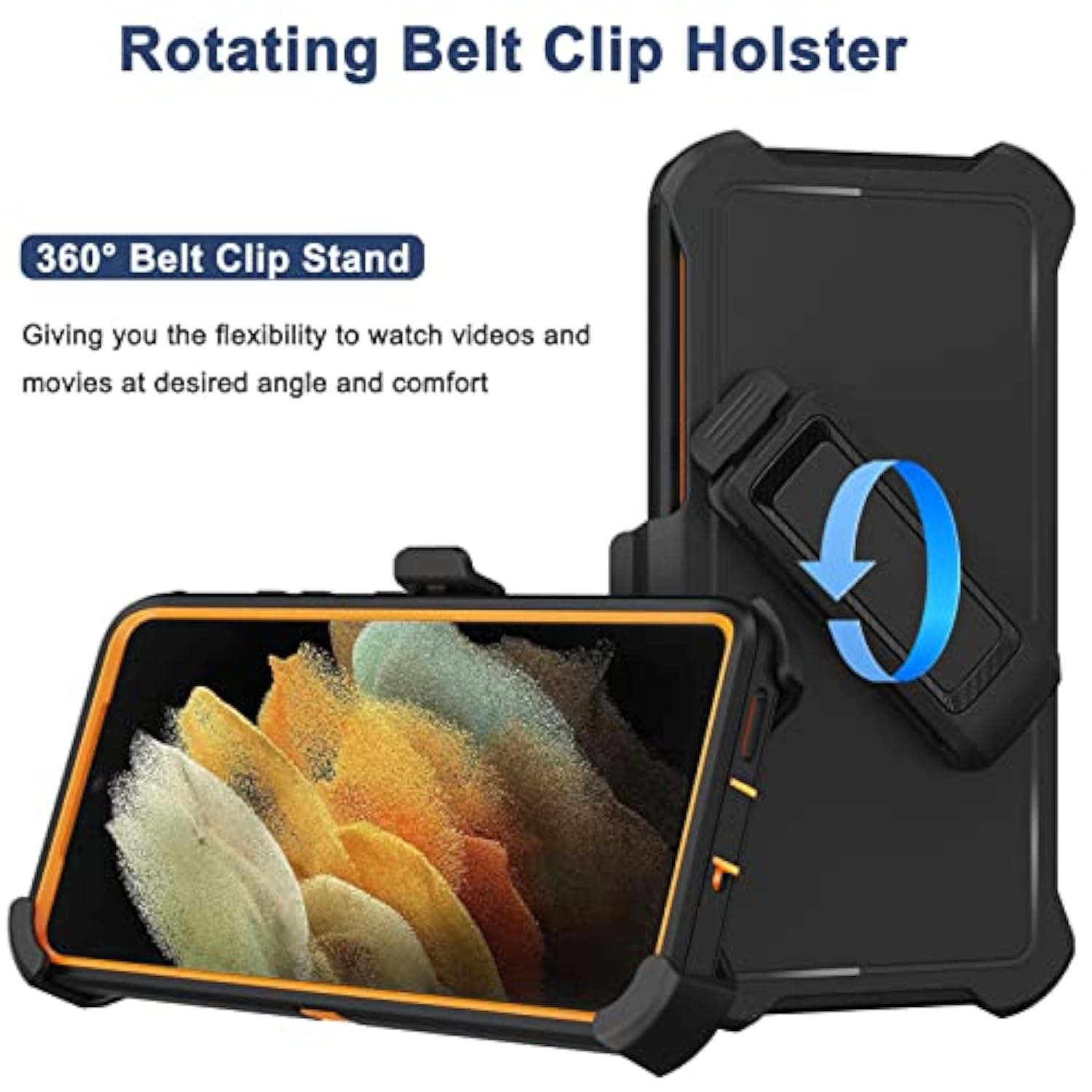 For Samsung Galaxy S21 Ultra Case With Belt Clip Holster, 2X Screen Protector, Heavy Duty Full Body Shockproof Drop-Proof Rugged Protective Cover For Samsung Galaxy S21 Ultra 5G 6.8 Inch Orange