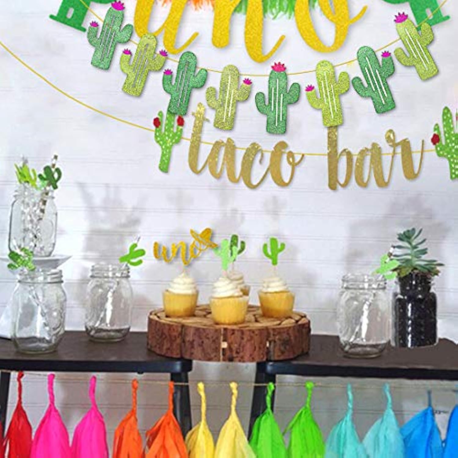 2Set Fiesta Taco Bar Cactus Banner, Gold & Green Glittery Decorations for Cinco De Mayo