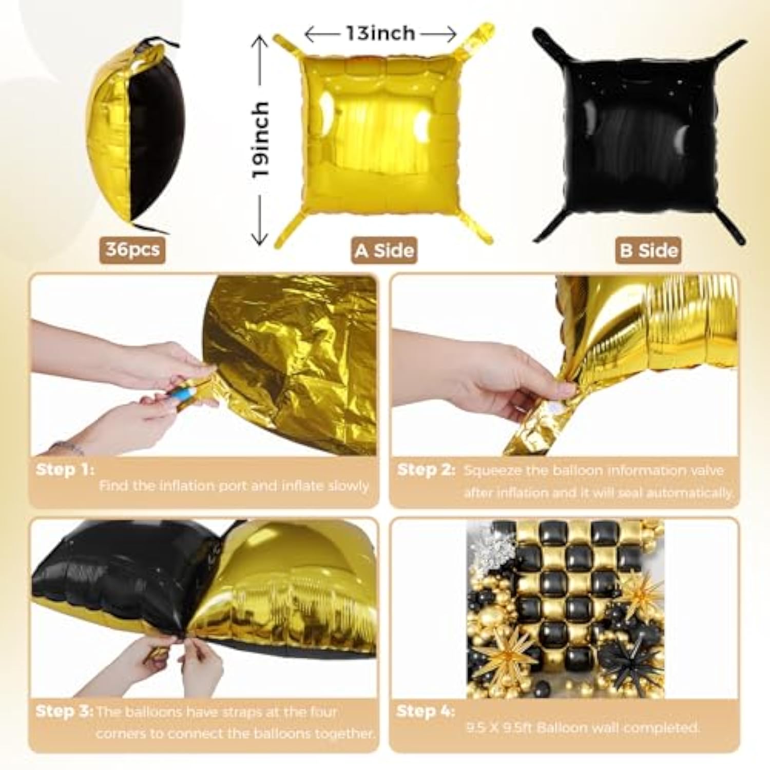 36pcs Gold & Black Square Balloons with 147pcs Arch Kit for Party Backdrop Decor
