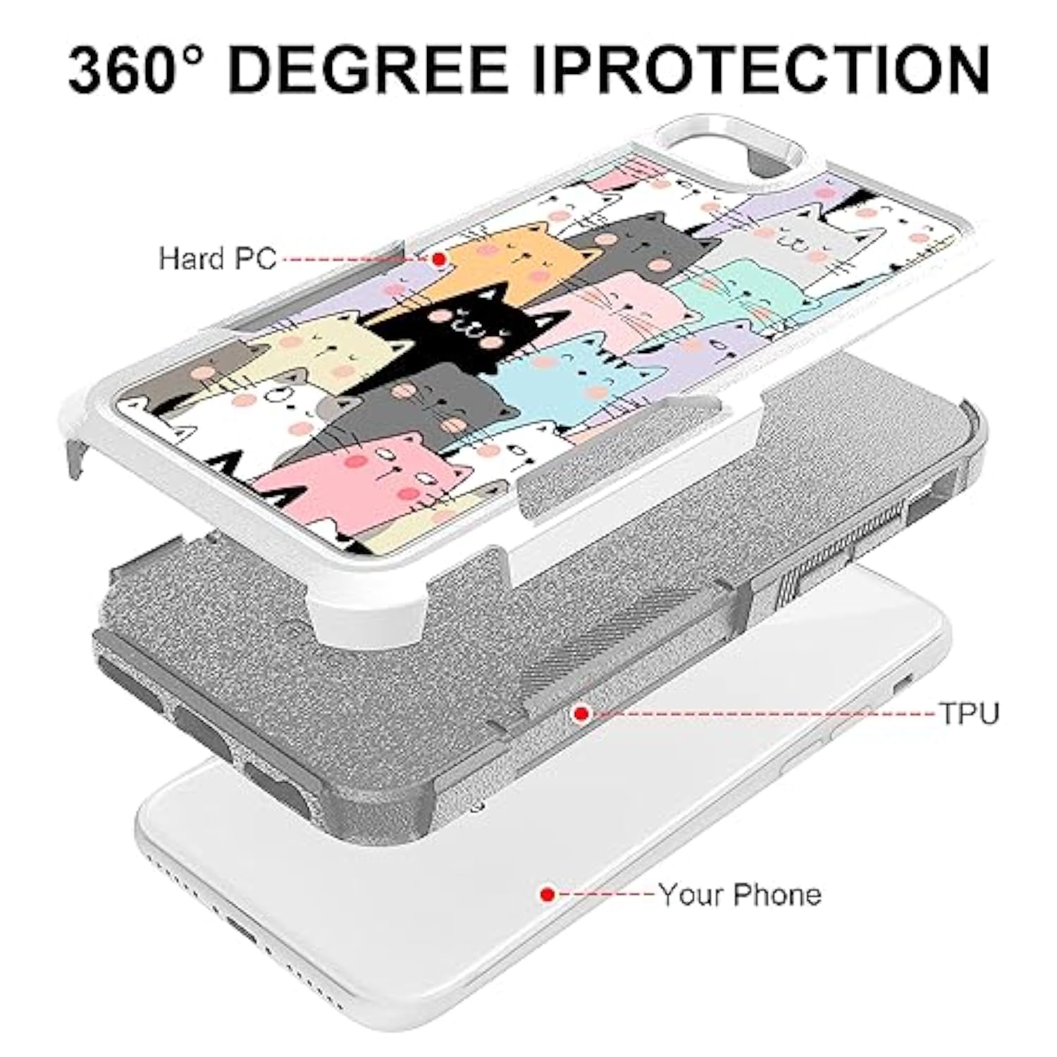 Cute Funny Cats Pattern Hybrid Dual Layer Defender Case for iPhone SE 2022, iPhone 7, iPhone 8, and iPhone SE 2020