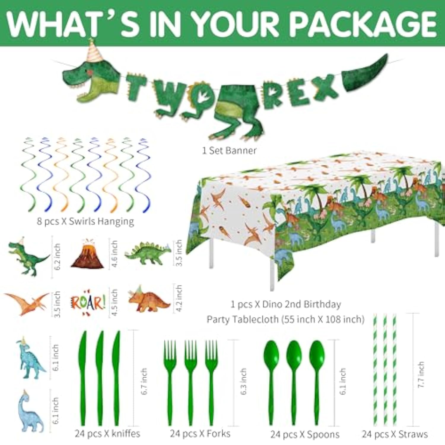 Dinosaur 2Nd Birthday Party Supplies For Boy, Dino Two Rex Birthday Decorations, Disposable Paper Plates, Cups, Napkins, Tablecloth, Cutlery, Swirls, Banner, Serves 24