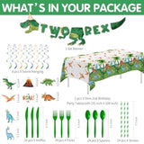 Dinosaur 2Nd Birthday Party Supplies For Boy, Dino Two Rex Birthday Decorations, Disposable Paper Plates, Cups, Napkins, Tablecloth, Cutlery, Swirls, Banner, Serves 24