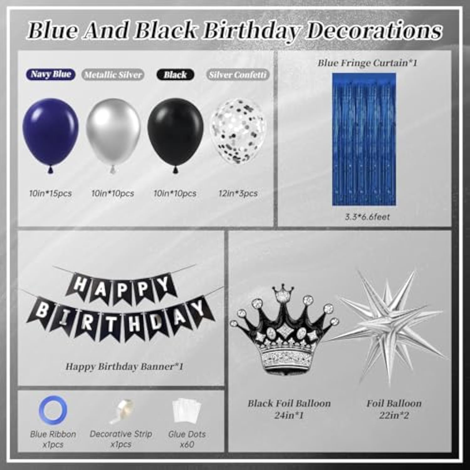 Metallic Silver & Navy Blue Balloons, Happy Birthday Banner & Blue Fringe Curtains For Men'S 21St, 25Th, 30Th, 40Th, 50Th & 60Th Birthdays